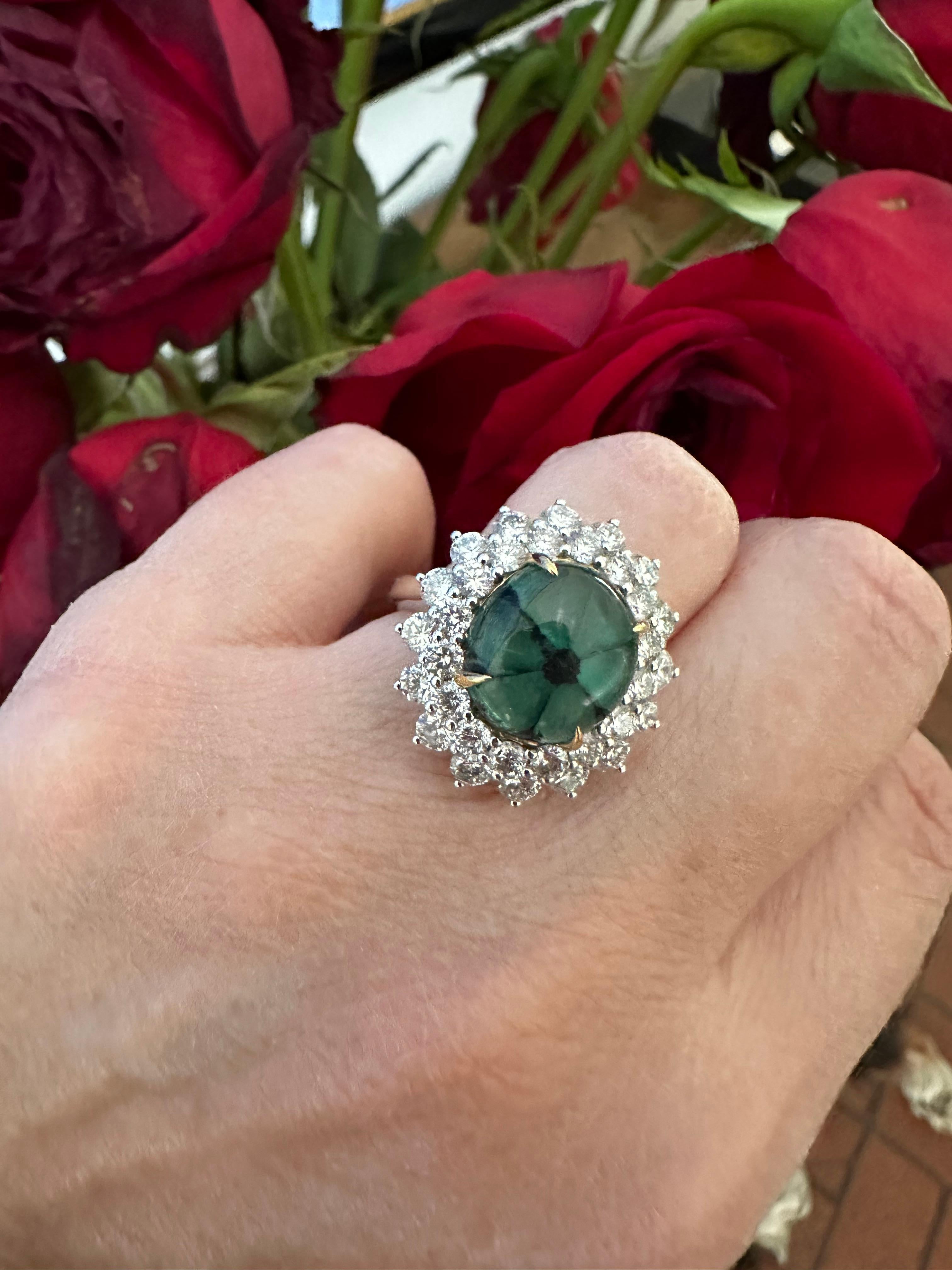 Estate Colombian Trapiche Emerald and Diamond Cocktail Ring For Sale 1