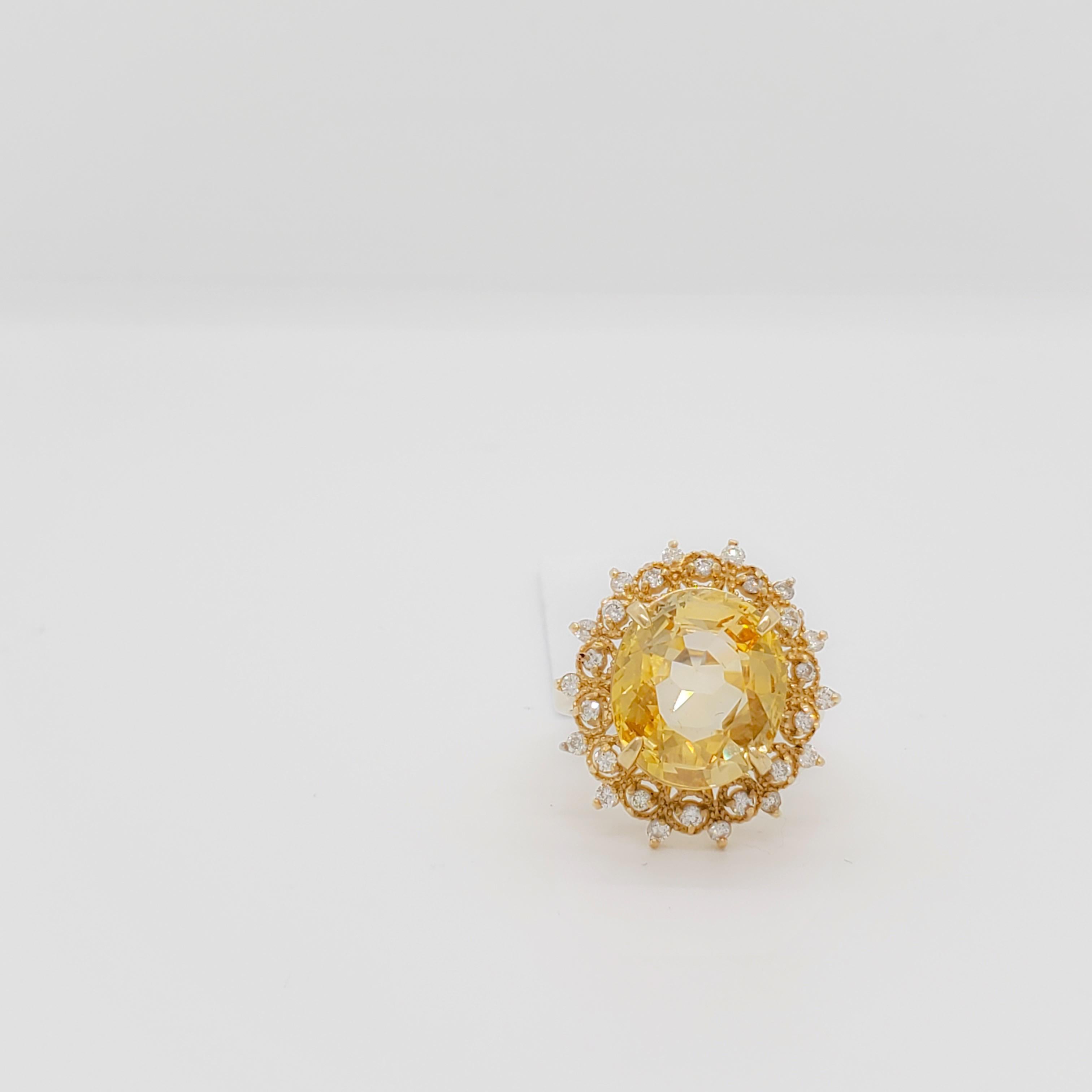Oval Cut Color Shift Yellow to Orangey Sapphire and Diamond Cocktail Ring in 14k For Sale