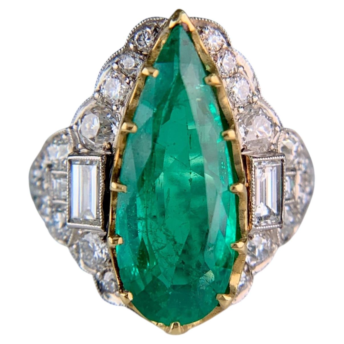 Bague « Estate » avec émeraude colombienne et diamant taille ancienne, en platine et or jaune 18 carats