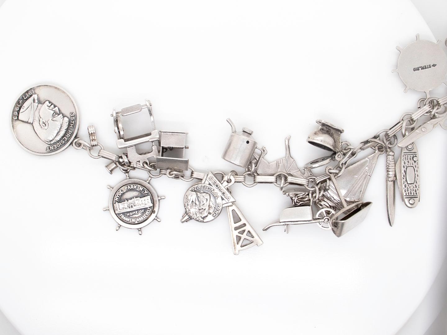 Estate Complete Mid-Century Sterling Silver Charm Bracelet For Sale 4