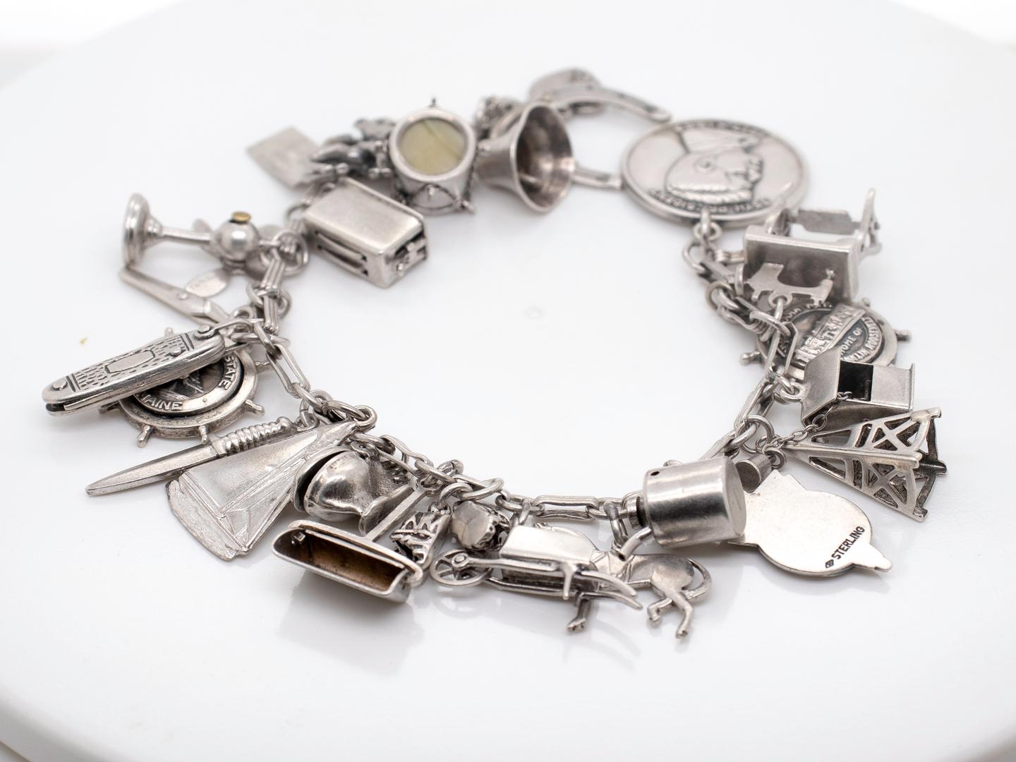 Estate Complete Mid-Century Sterling Silver Charm Bracelet For Sale 5