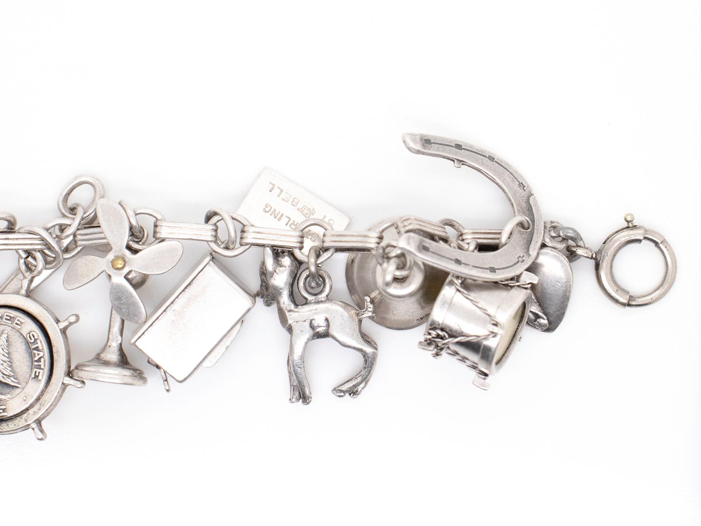 Women's or Men's Estate Complete Mid-Century Sterling Silver Charm Bracelet For Sale
