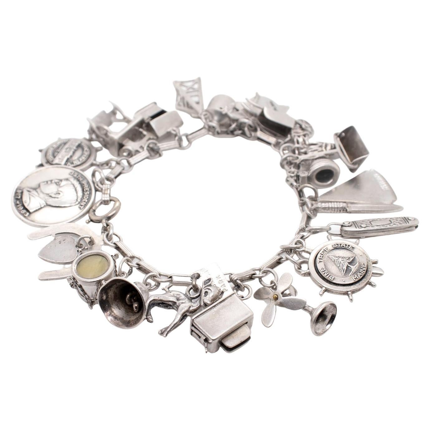 Estate Complete Mid-Century Sterling Silver Charm Bracelet For Sale