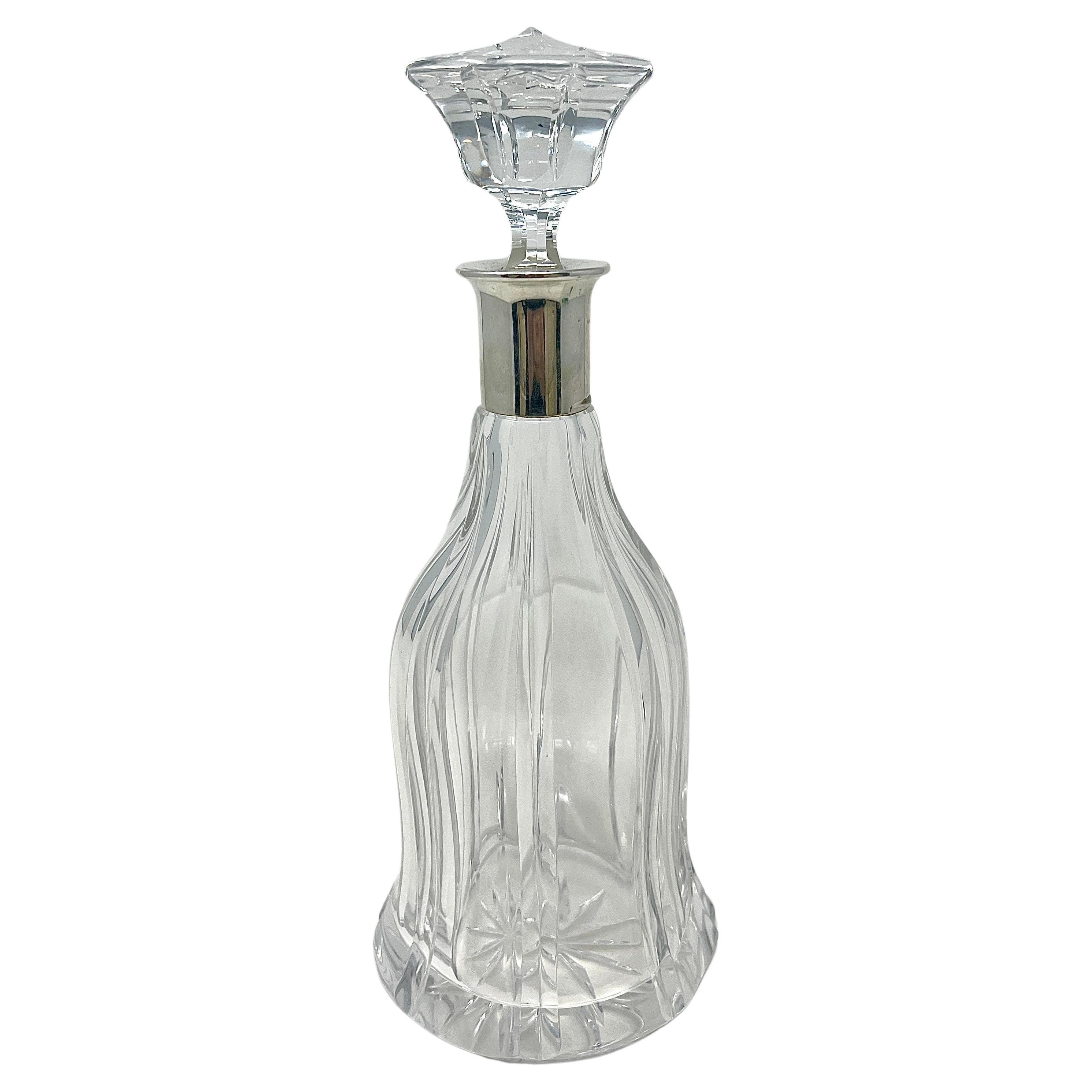 Estate Continental Sterling Silver Mounted Cut Crystal Wine Decanter Circa 1950. For Sale