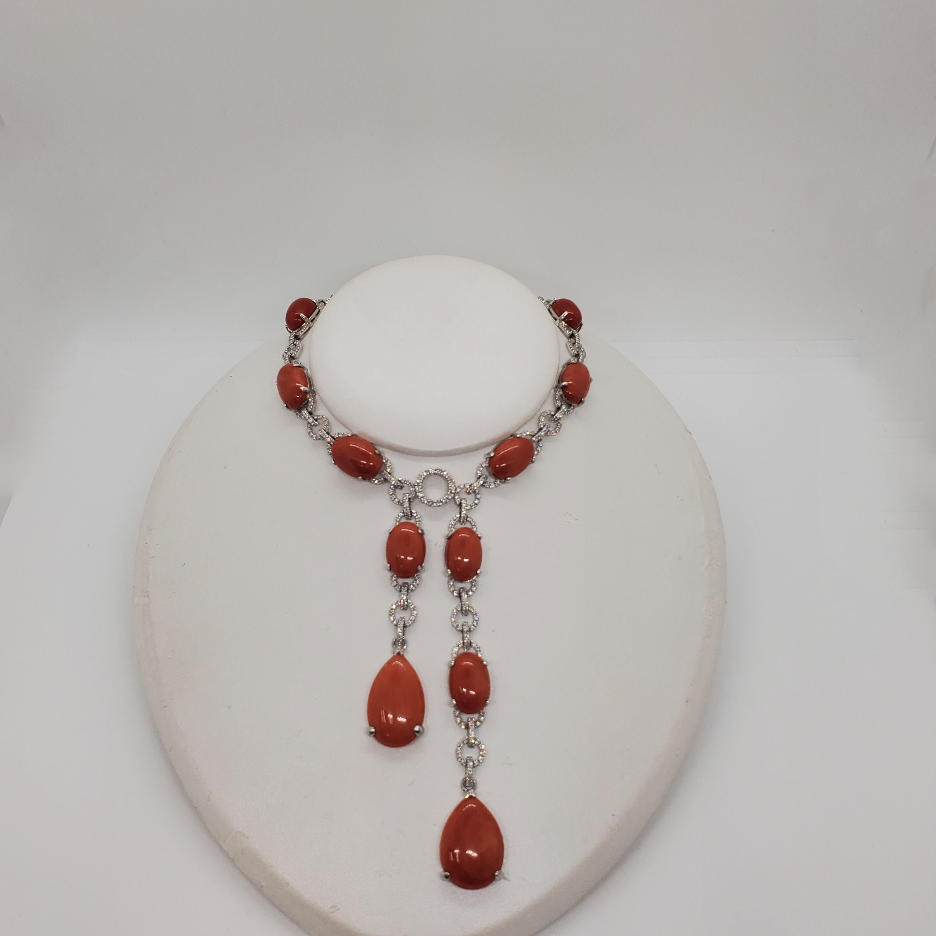 Oval Cut Estate Coral and Diamond Earrings, Ring, and Necklace Set