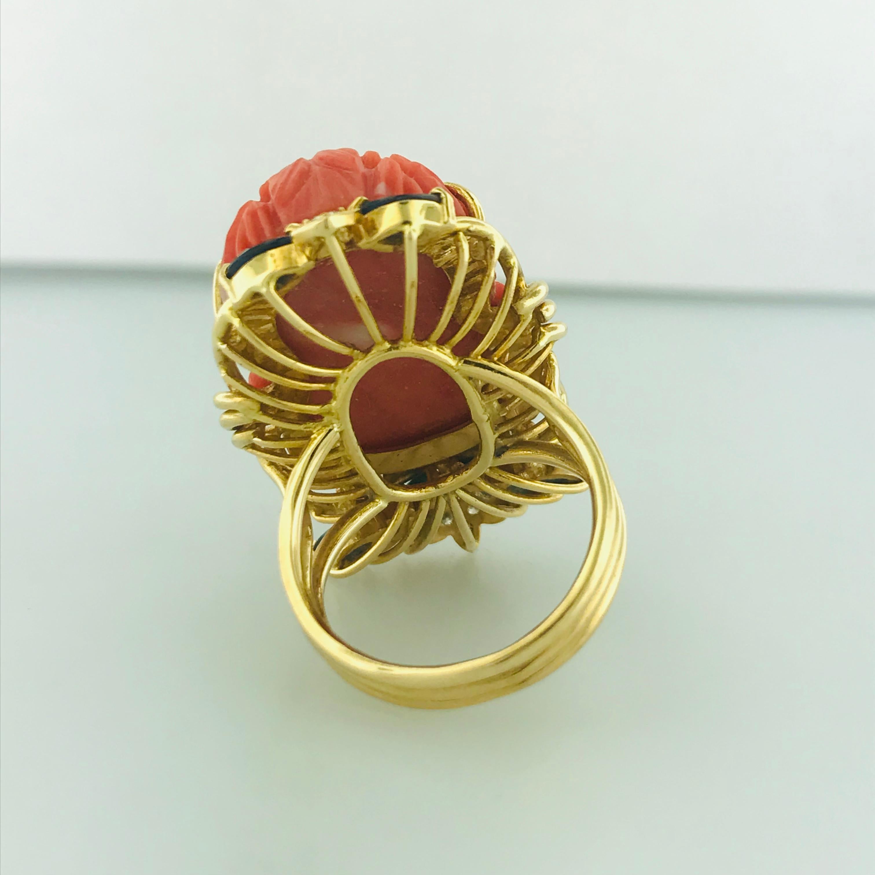 Mixed Cut Estate Coral Buddha, Sapphire and Diamond Ring in 18 Karat Yellow Gold