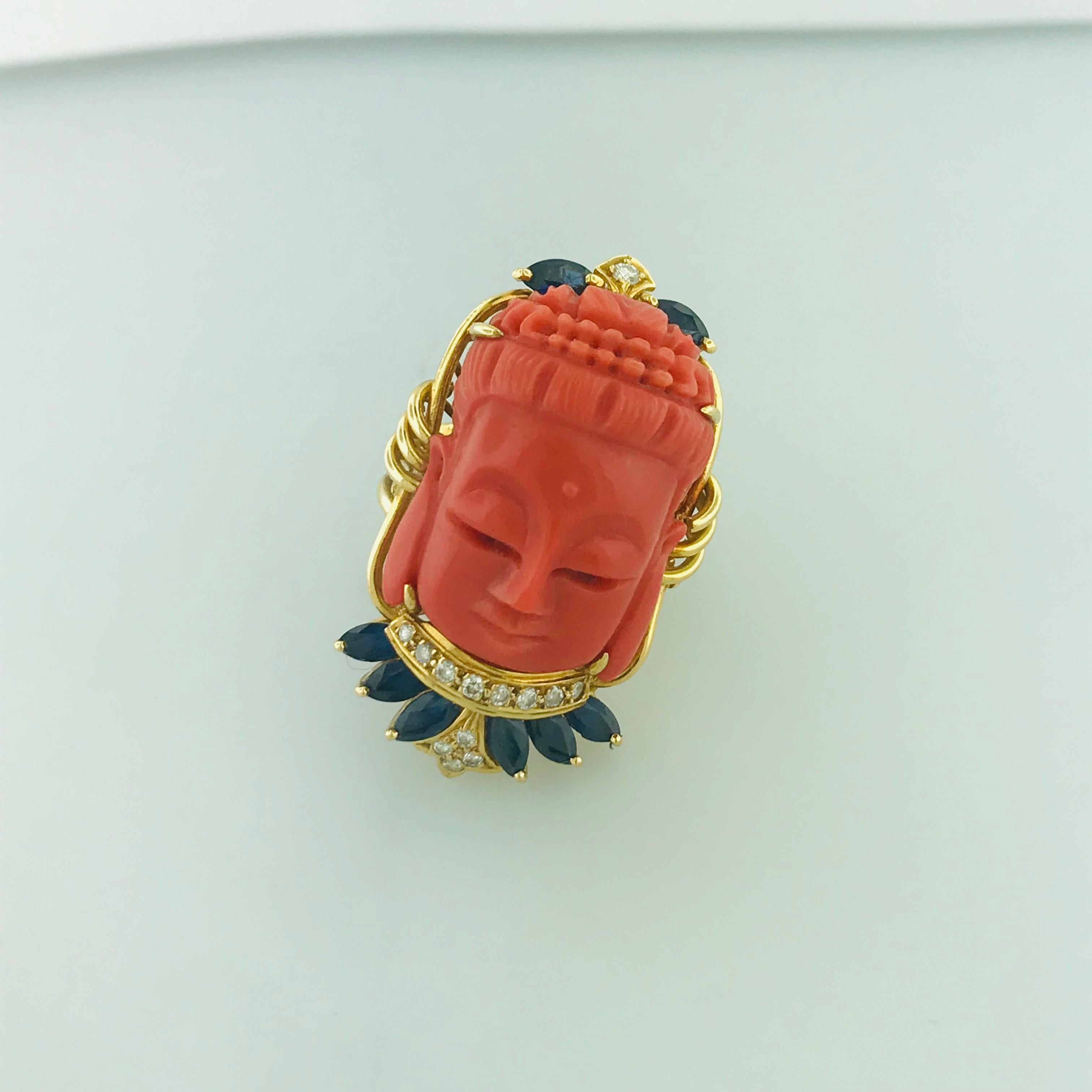 Women's Estate Coral Buddha, Sapphire and Diamond Ring in 18 Karat Yellow Gold