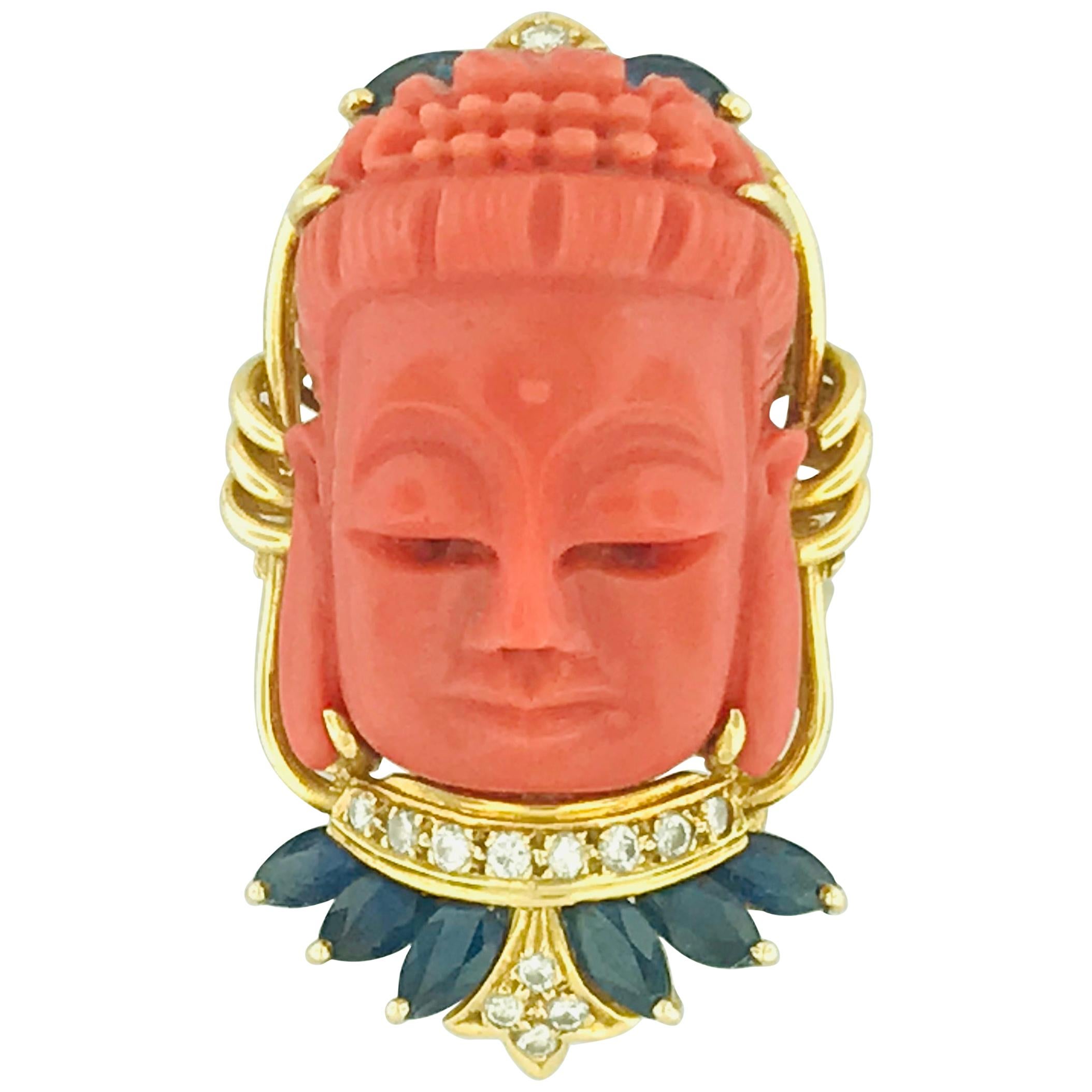 Estate Coral Buddha, Sapphire and Diamond Ring in 18 Karat Yellow Gold