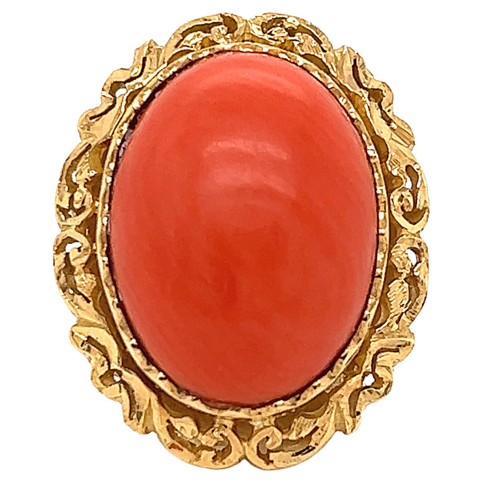 Estate Coral Cabochon 18k Yellow Gold Cocktail Ring