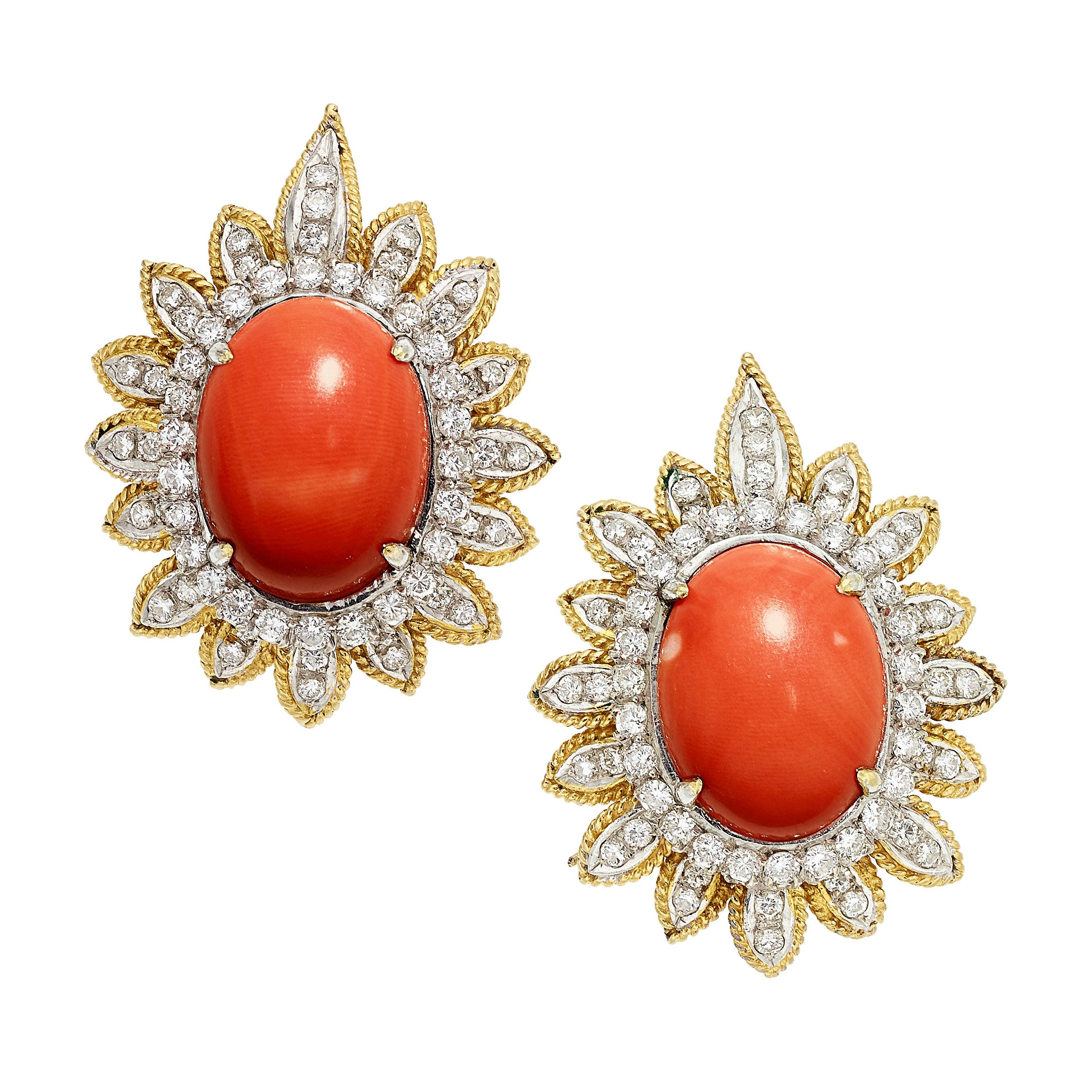 Estate Coral Cabochon Diamond Gold Earrings For Sale