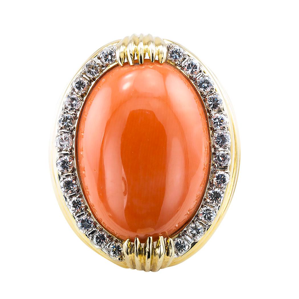 Oval Cut Estate Coral Diamond Yellow Gold Cocktail Ring Size 8