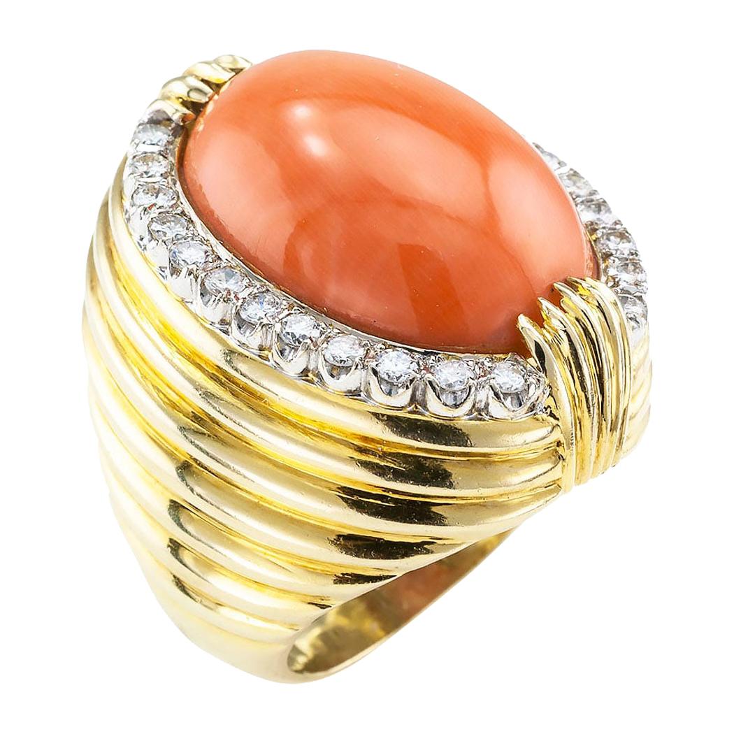 Estate Coral Diamond Yellow Gold Cocktail Ring Size 8