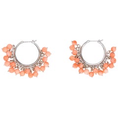 Estate Coral Fringe Earrings Hoops 18 Karat White Gold Estate Fine Jewelry