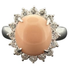 Estate Coral & Halo Diamond Platinum Ring