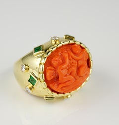 Estate Coral Putti Diamond Emerald Ring