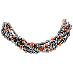 Estate Coral Ruby Hematite 18 Karat Beaded Choker Necklace