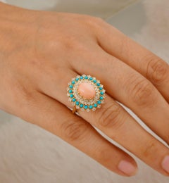 Coral Turquoise Cocktail Ring with Diamond 18k Yellow Gold Fine Jewelry