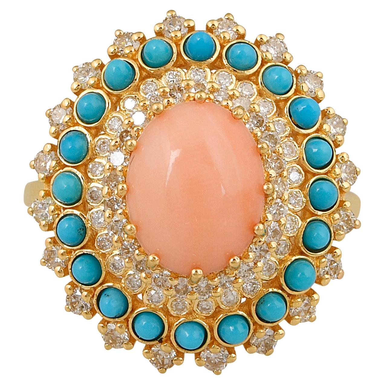 En vente :  Estate Coral Turquoise Cocktail Ring with Diamond 18k Yellow Gold Fine Jewelry (bague de cocktail en corail et turquoise avec diamant en or jaune)