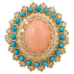 Estate Coral Turquoise Cocktail Ring with Diamond 18k Yellow Gold Fine Jewelry (bague de cocktail en corail et turquoise avec diamant en or jaune)