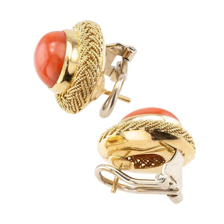 Estate Coral Yellow Gold Omega Clip Post Earrings For Sale at 1stDibs