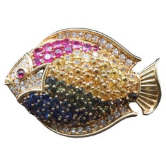 Estate Craig Drake 18K Gold Sapphire, Ruby and Diamond Fish Brooch - VHK#982