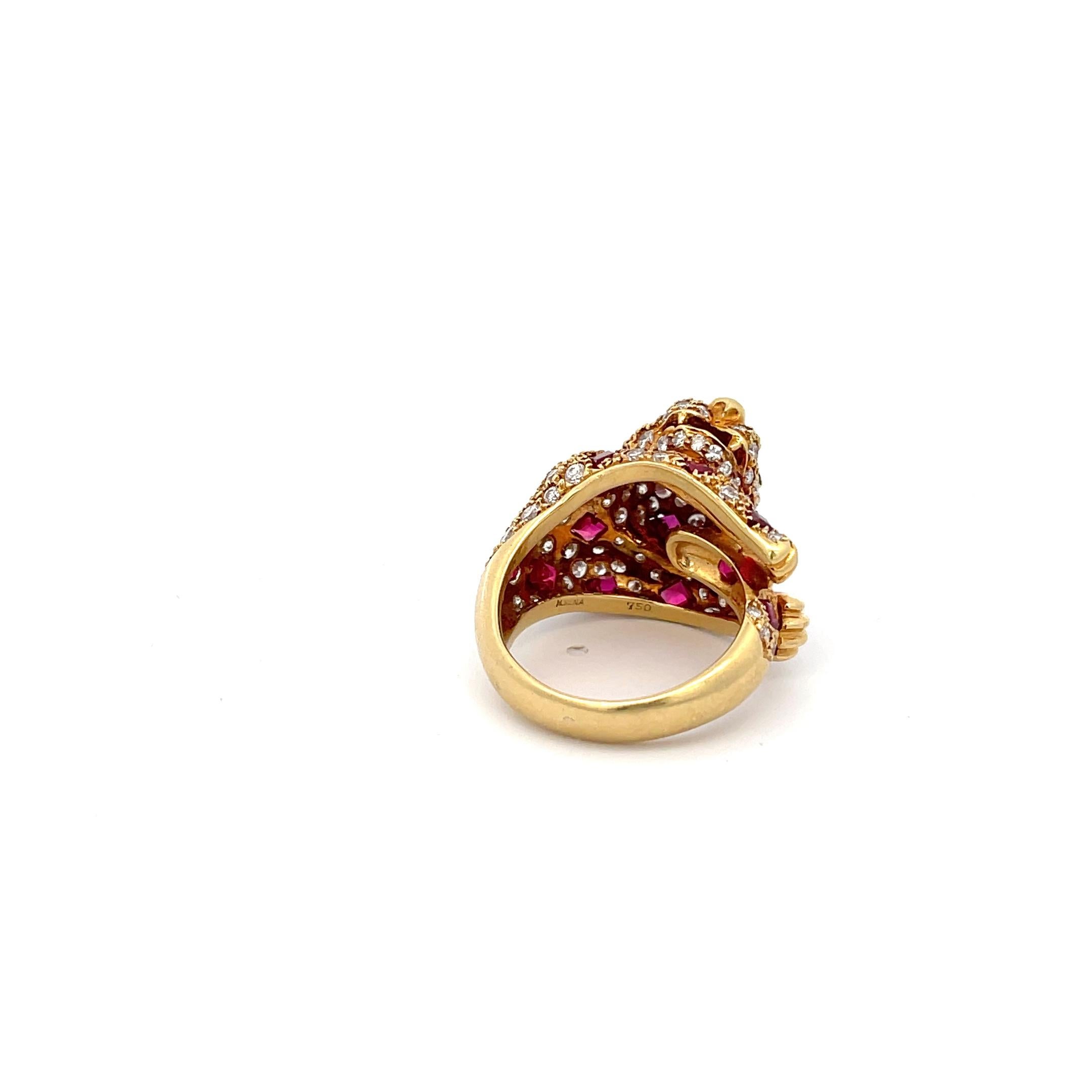 Estate Craig Drake Diamond & Ruby Panther Ring 18K Yellow Gold In Good Condition In Dallas, TX