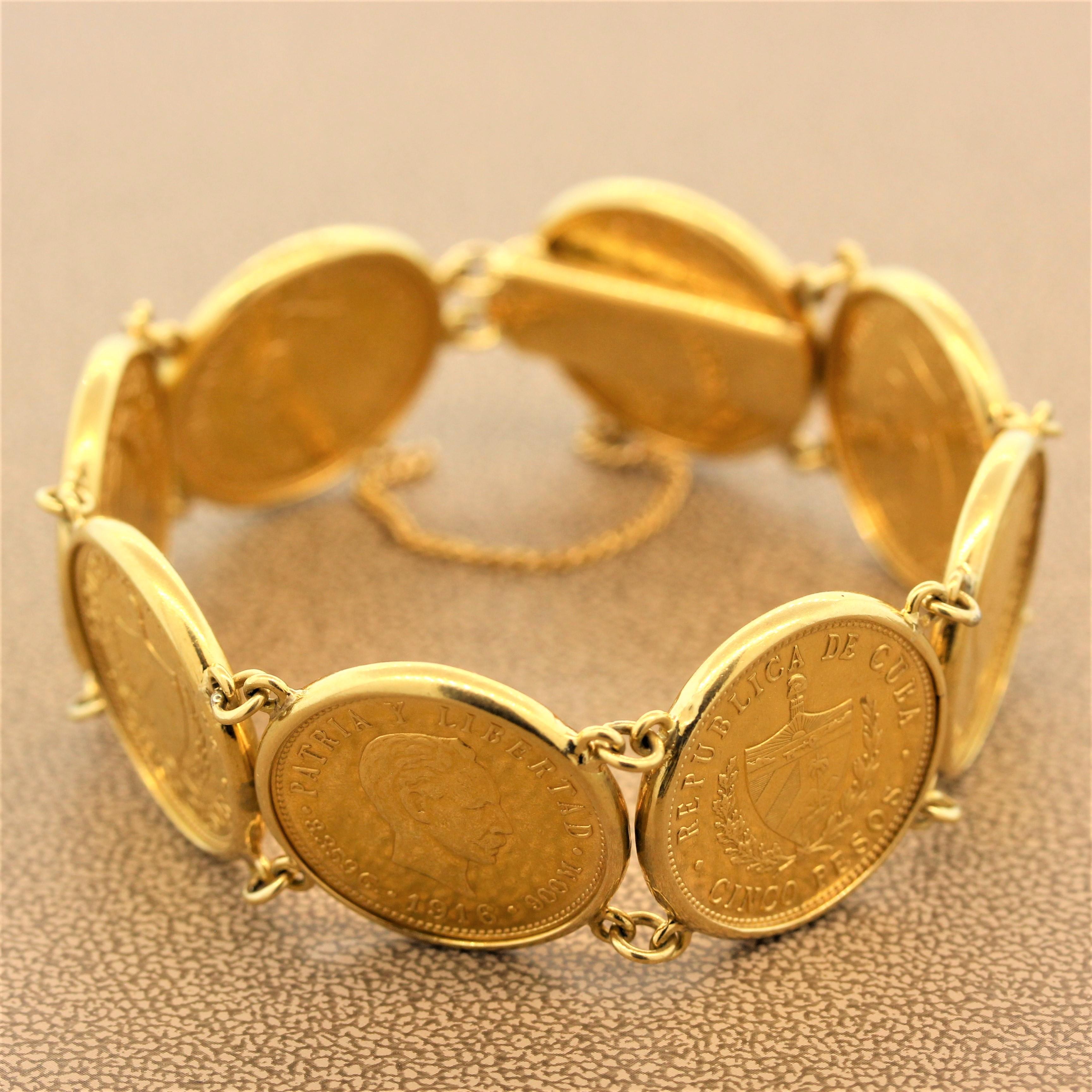 The only thing better than a Cuban cigar is a Cuban peso. This stately bracelet is comprised of eight 22K yellow gold Cuban pesos from the year 1916. The coins are linked using 18K yellow gold with a seamless box clasp closure and safety