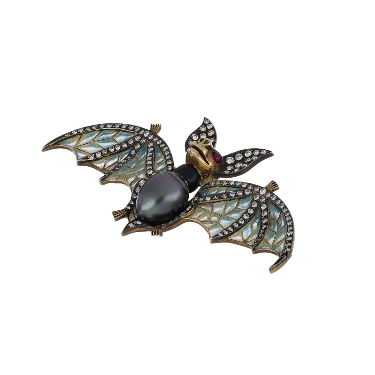 Round Cut Estate Cultured Tahitian Pearl and Diamond Bat Pin with Plique-à-Jour Enamel