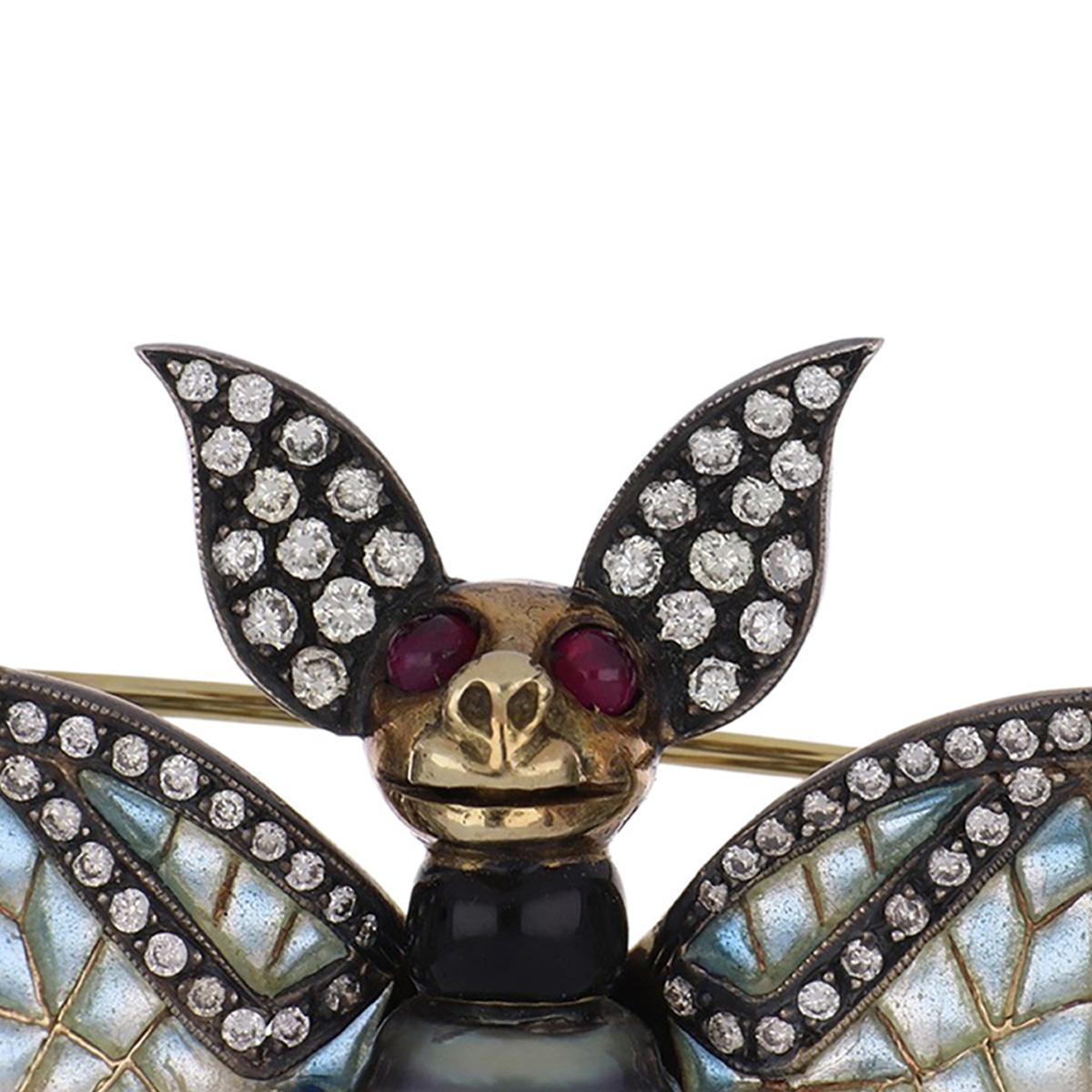 Estate Cultured Tahitian Pearl and Diamond Bat Pin with Plique-à-Jour Enamel In Excellent Condition In Houston, TX