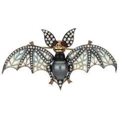 Estate Cultured Tahitian Pearl and Diamond Bat Pin with Plique-à-Jour Enamel