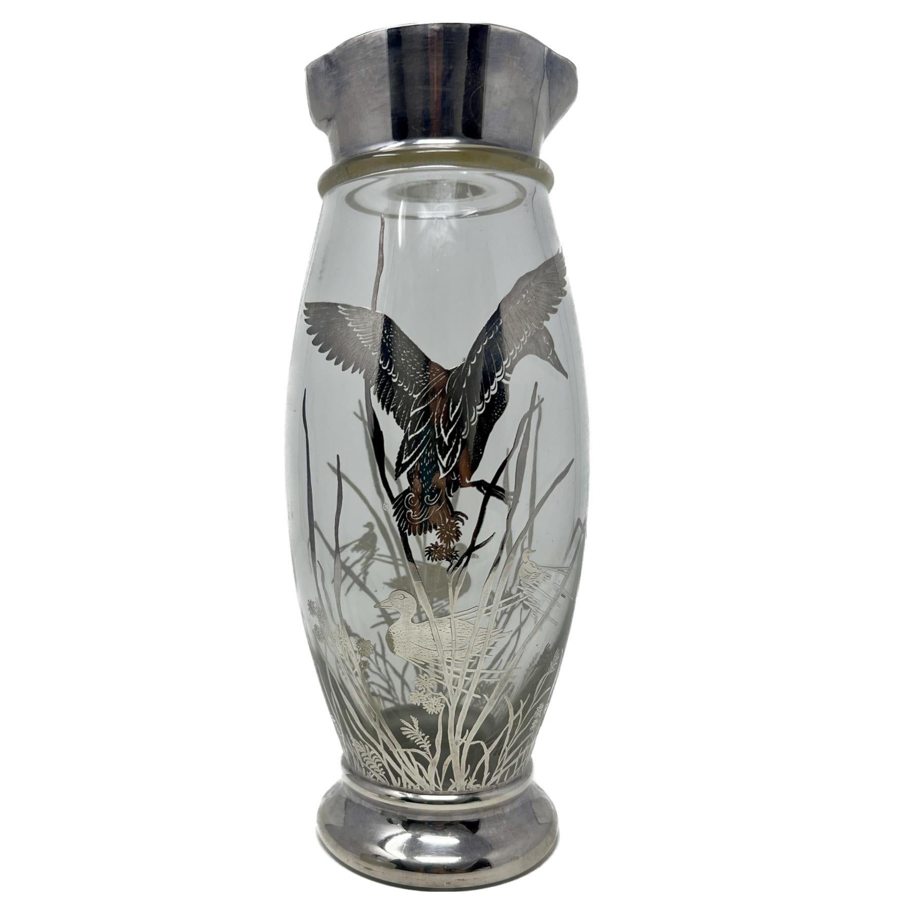 20th Century Estate Cut Crystal and Silver Overlay Cocktail Shaker with Ducks, Circa 1950's. For Sale