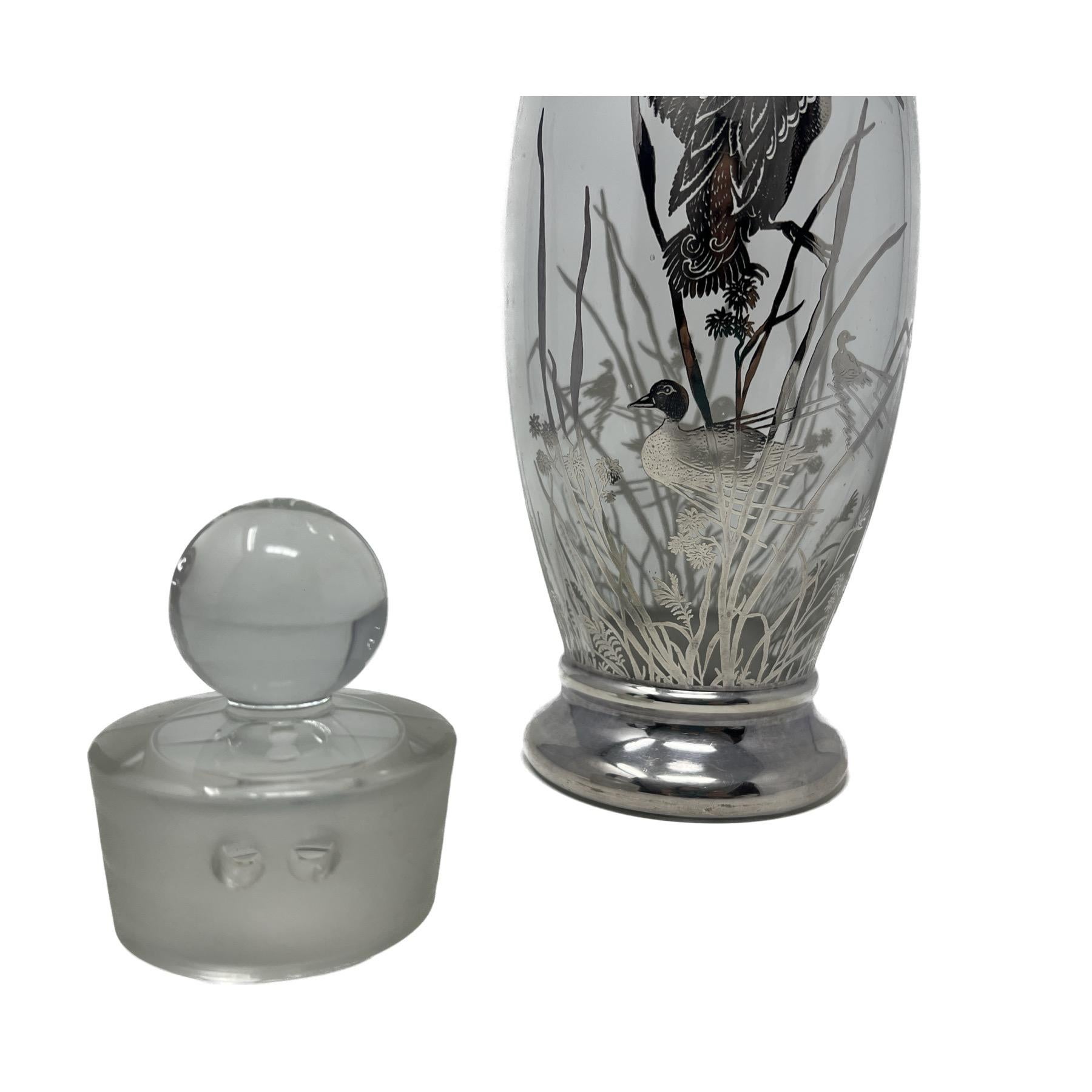 Estate Cut Crystal and Silver Overlay Cocktail Shaker with Ducks, Circa 1950's. For Sale 1