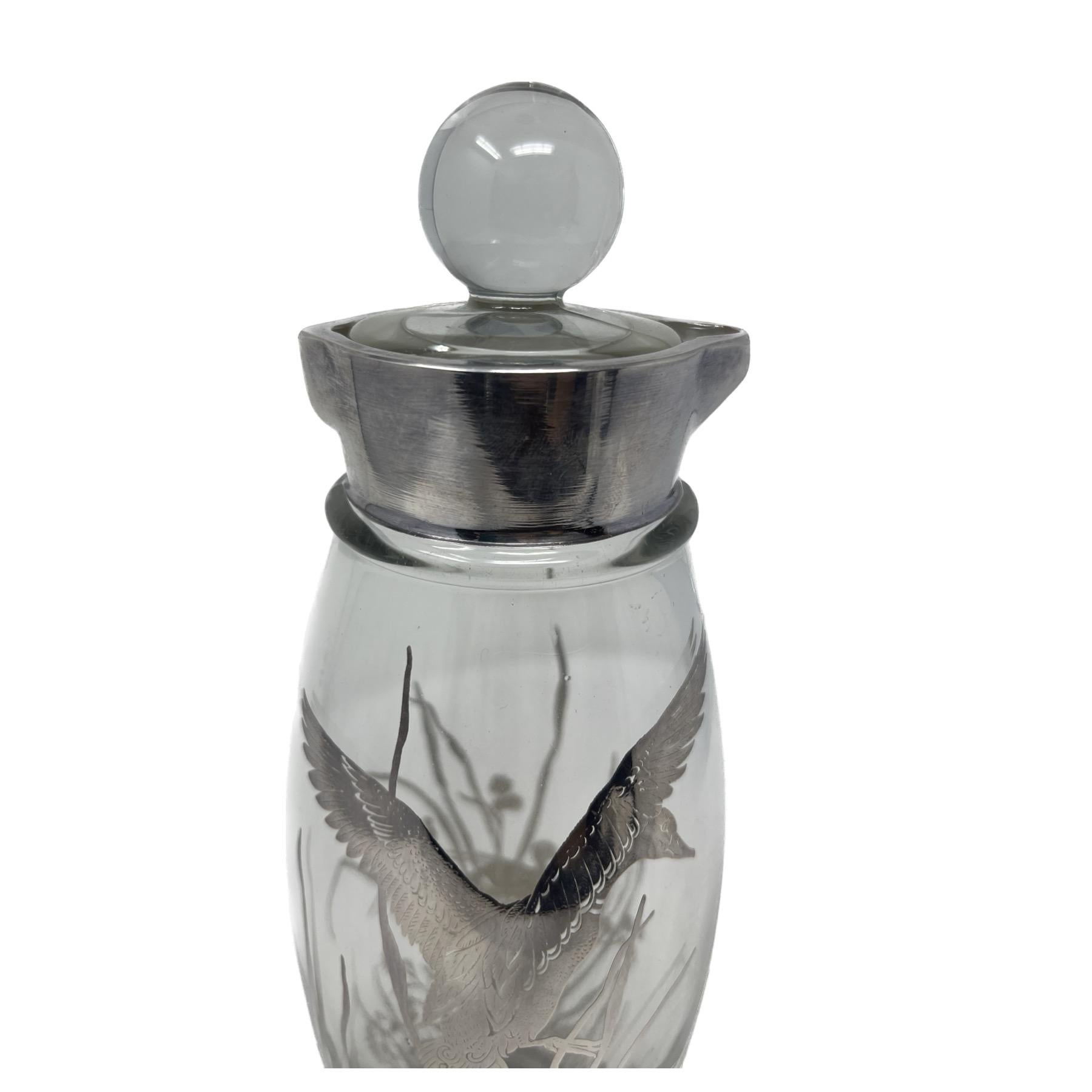 Estate Cut Crystal and Silver Overlay Cocktail Shaker with Ducks, Circa 1950's. For Sale 2