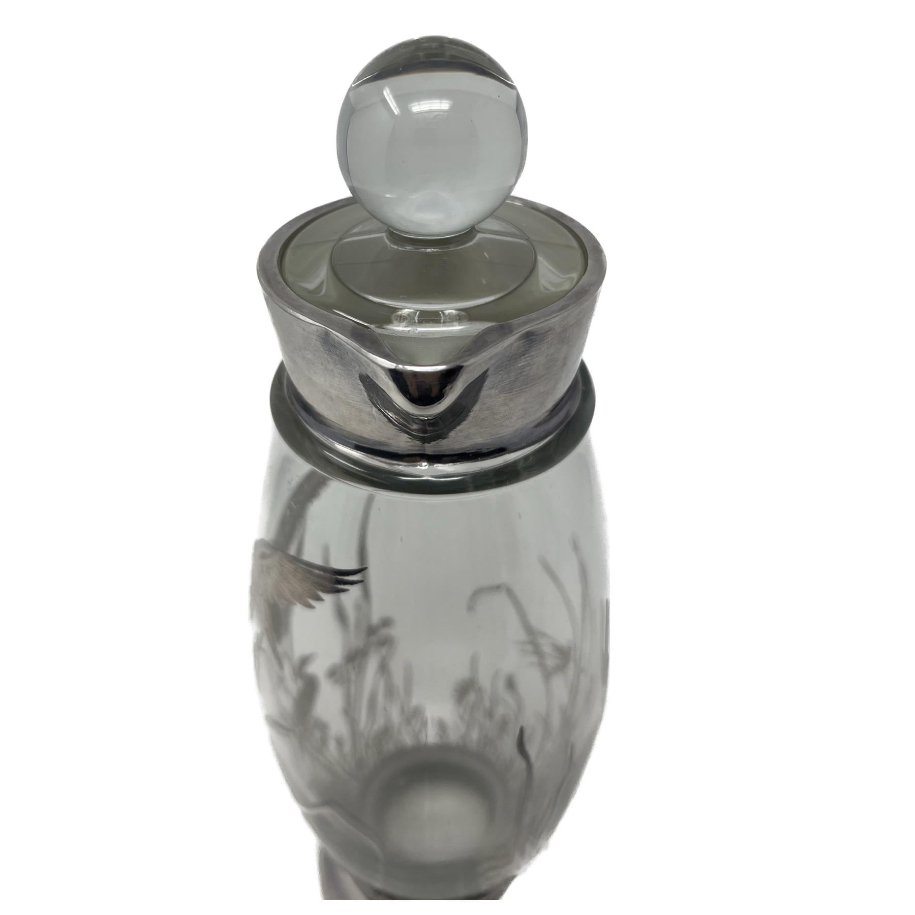 Estate Cut Crystal and Silver Overlay Cocktail Shaker with Ducks, Circa 1950's. For Sale 3