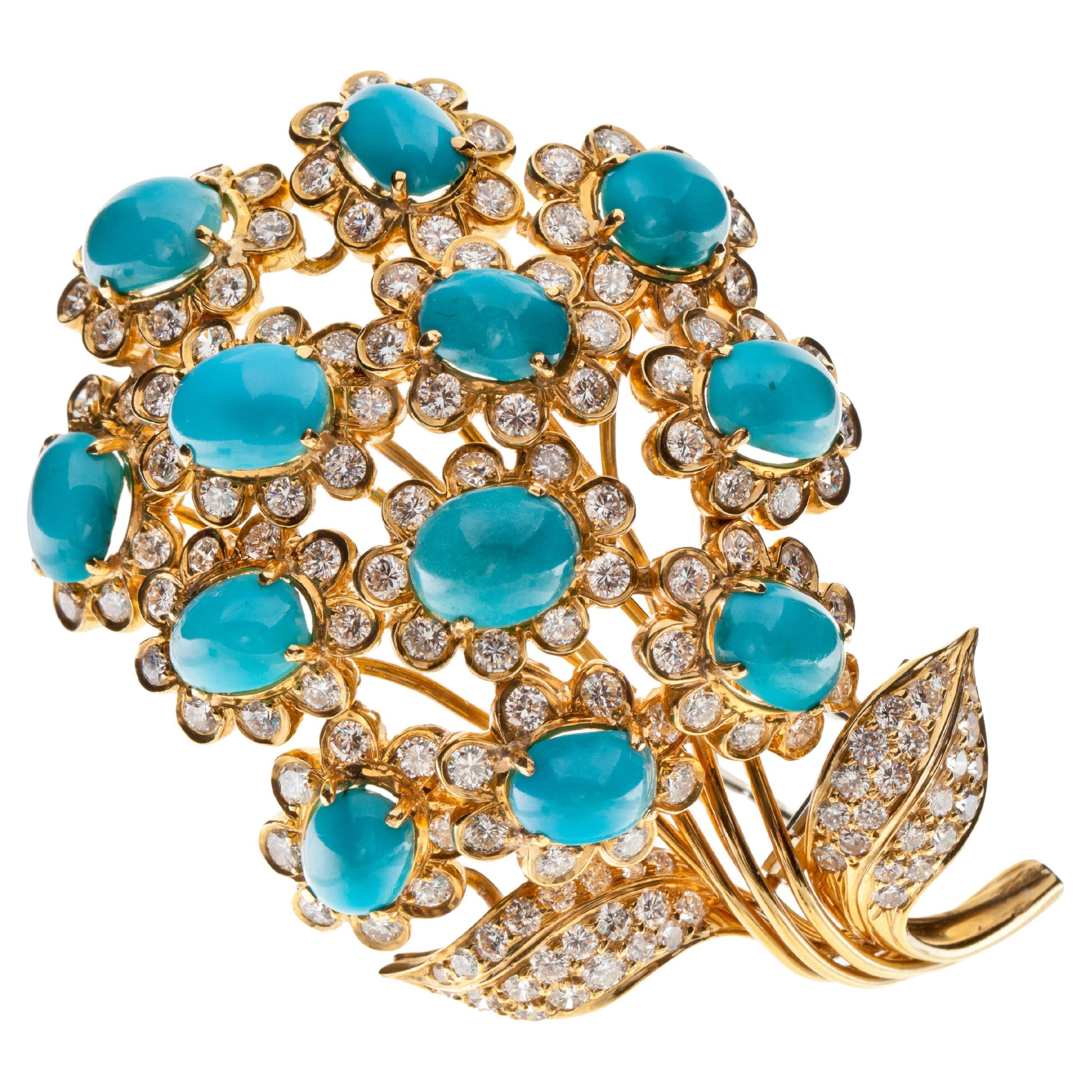Nachlass David Webb Blumenbrosche, 18 Karat Gold Türkis und Diamant