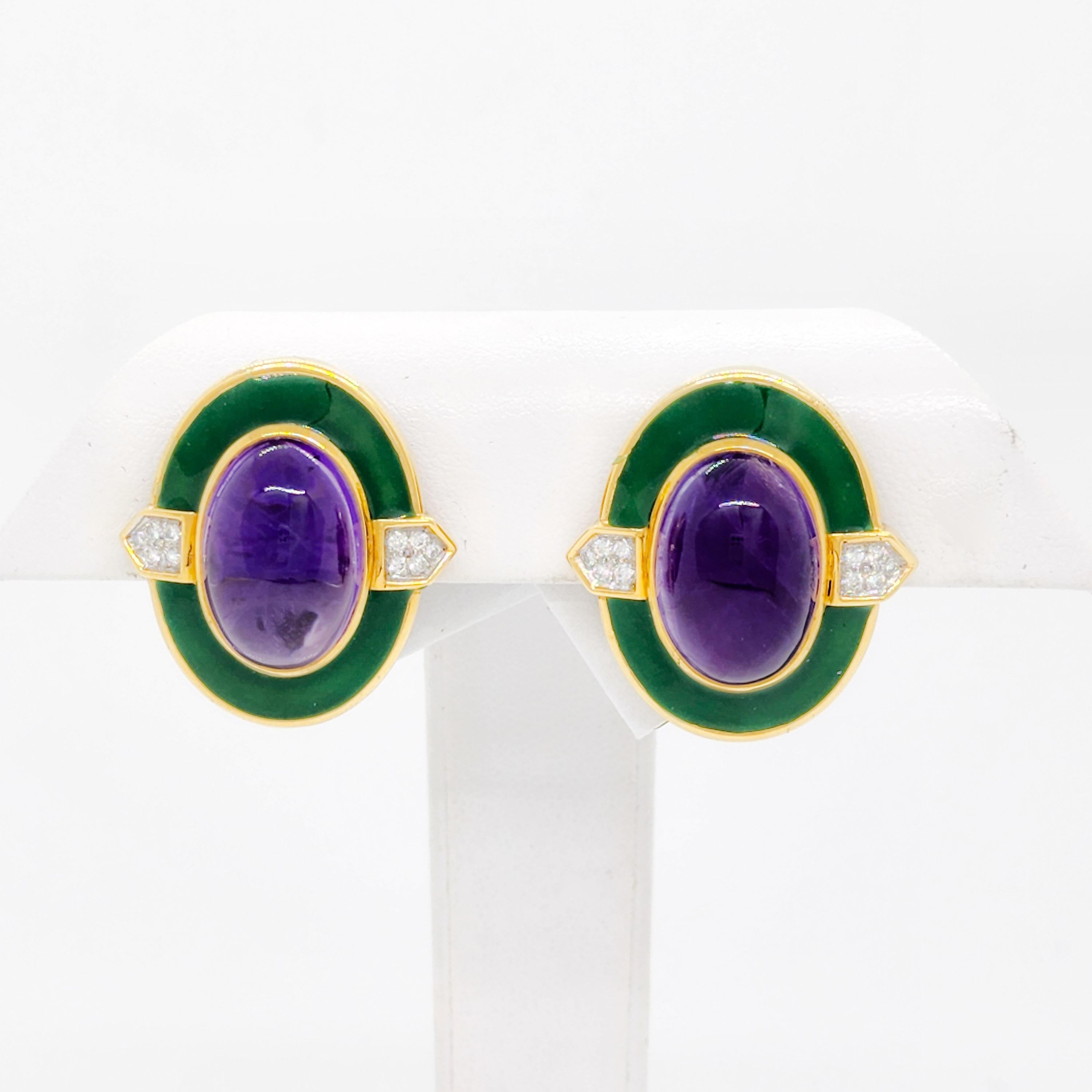 Beautiful big amethyst cabochon ovals with good quality white diamond rounds and green enamel.  Handmade in 18k yellow gold.  Mint condition.