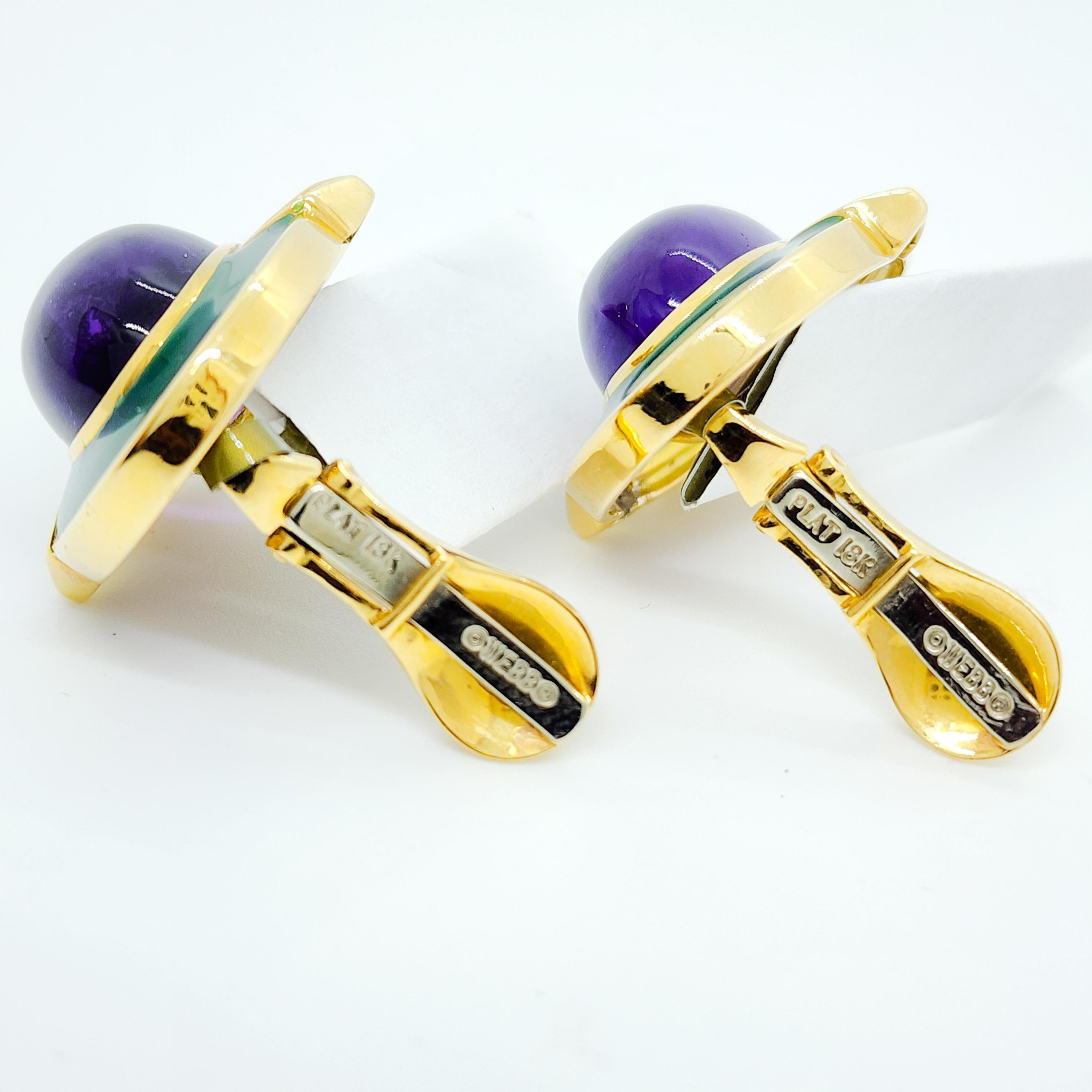 Women's or Men's Estate David Webb Amethyst, Enamel, and White Diamond Clip on Earrings in 18k For Sale