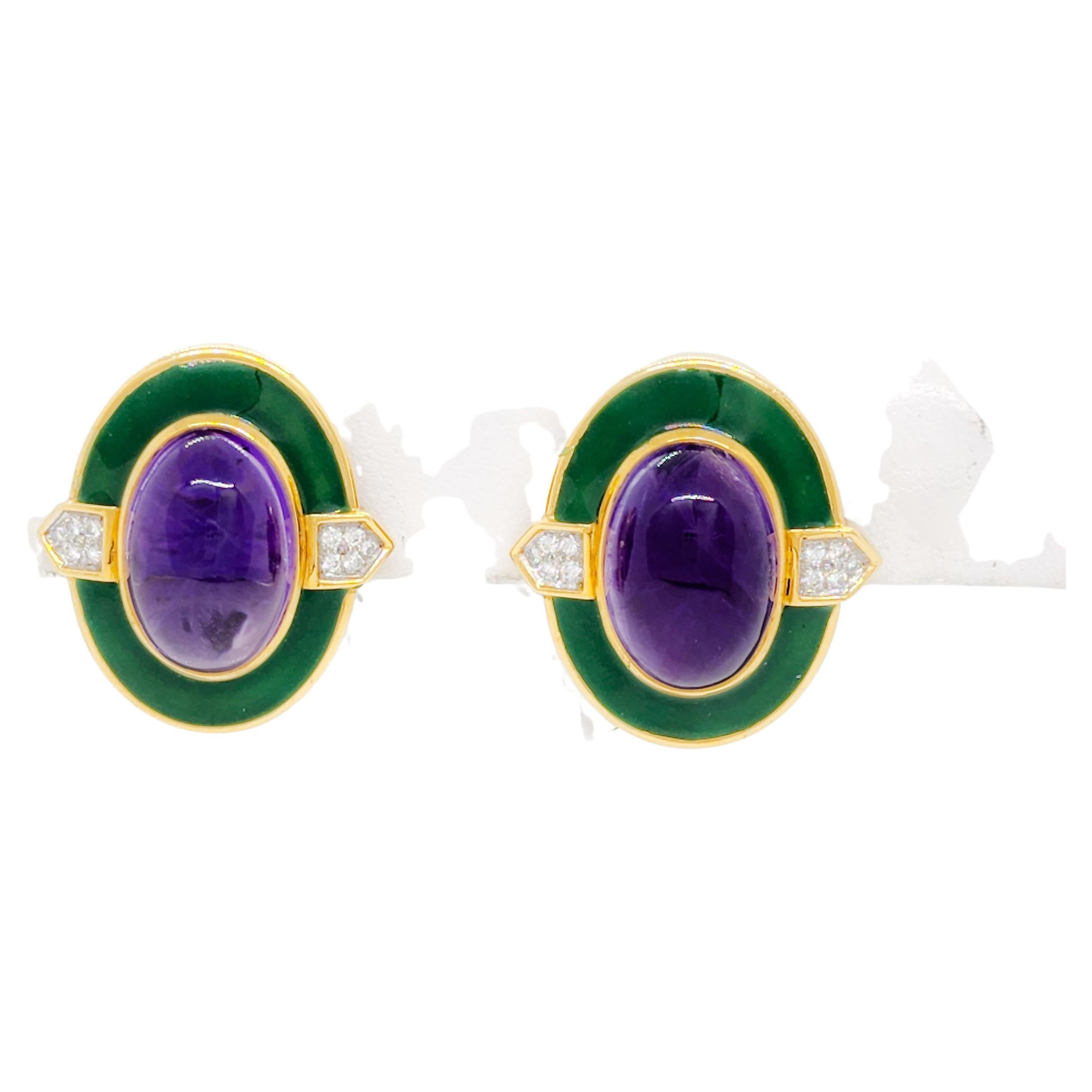 Estate David Webb Amethyst, Enamel, and White Diamond Clip on Earrings in 18k