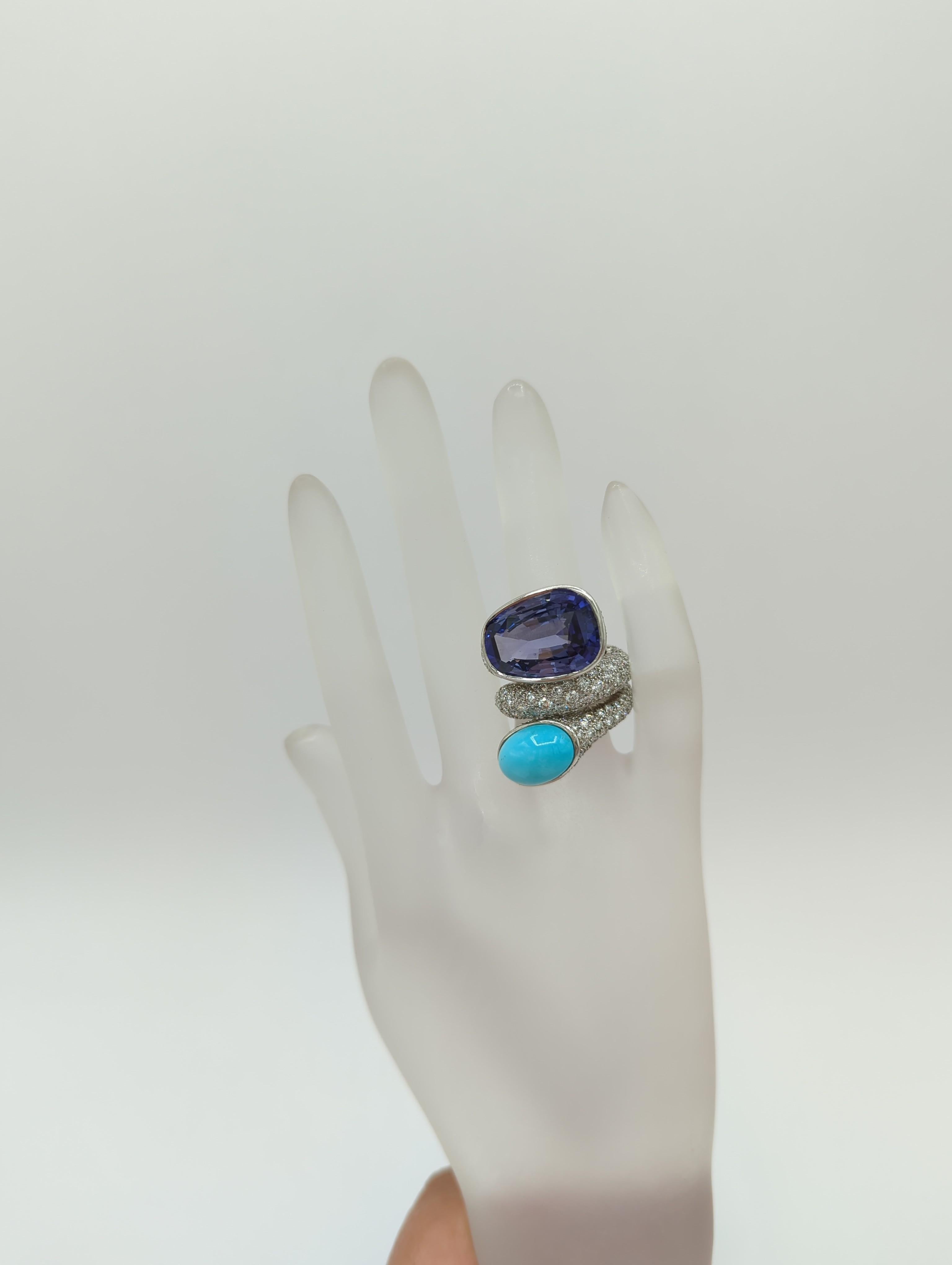 Oval Cut Estate David Webb Ceylon Blue Sapphire and Turquoise Cabochon Ring in Platinum