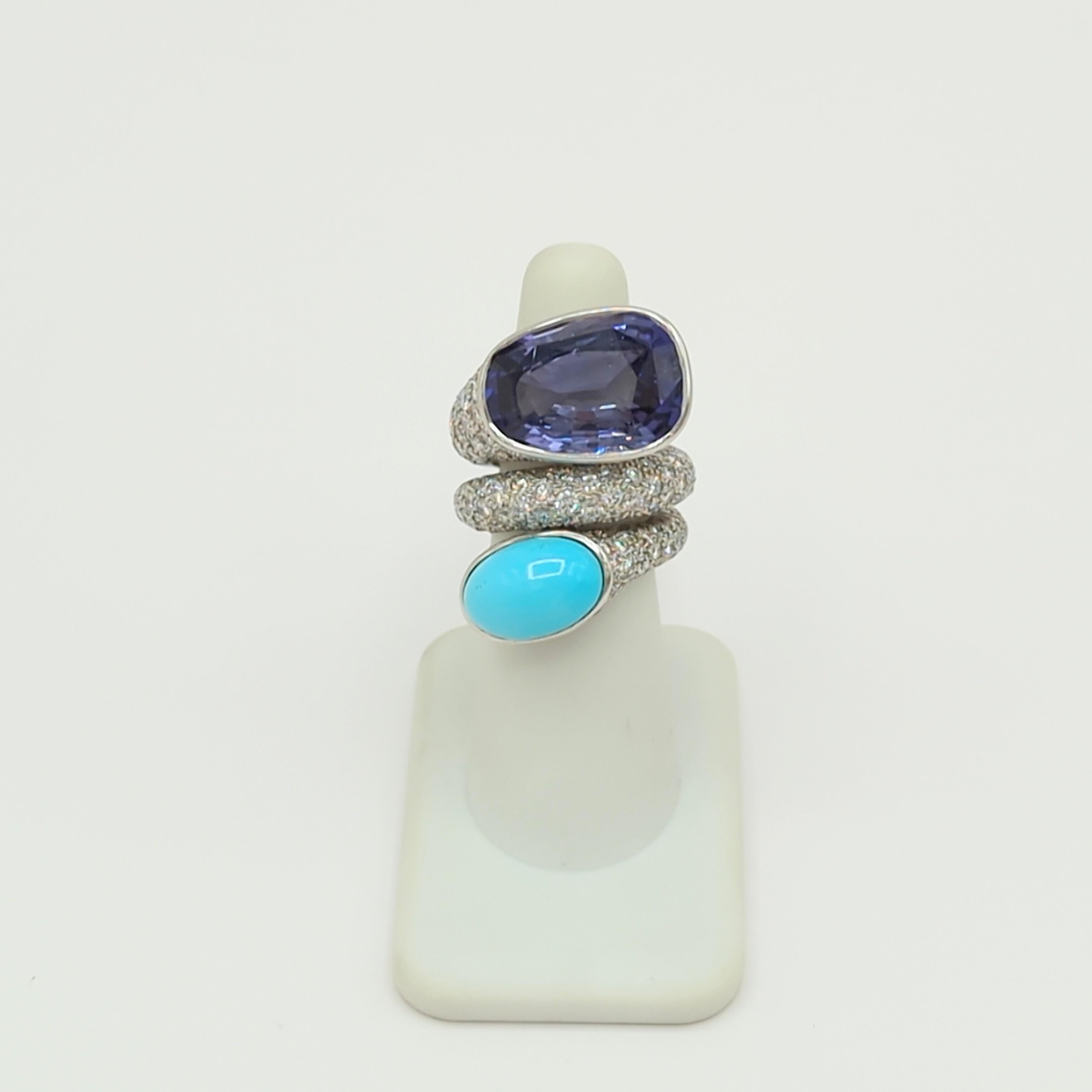 Women's or Men's Estate David Webb Ceylon Blue Sapphire and Turquoise Cabochon Ring in Platinum