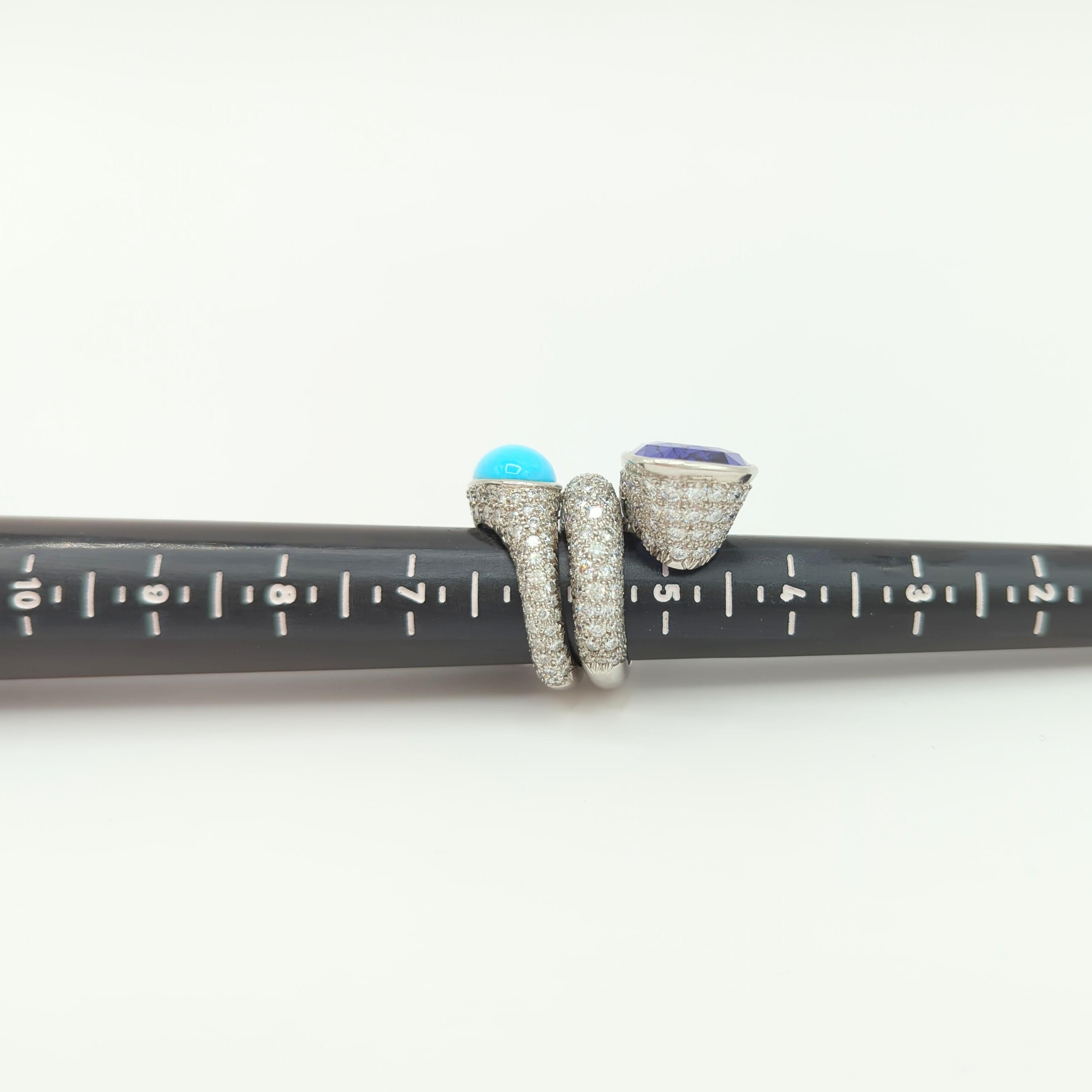 Estate David Webb Ceylon Blue Sapphire and Turquoise Cabochon Ring in Platinum 4