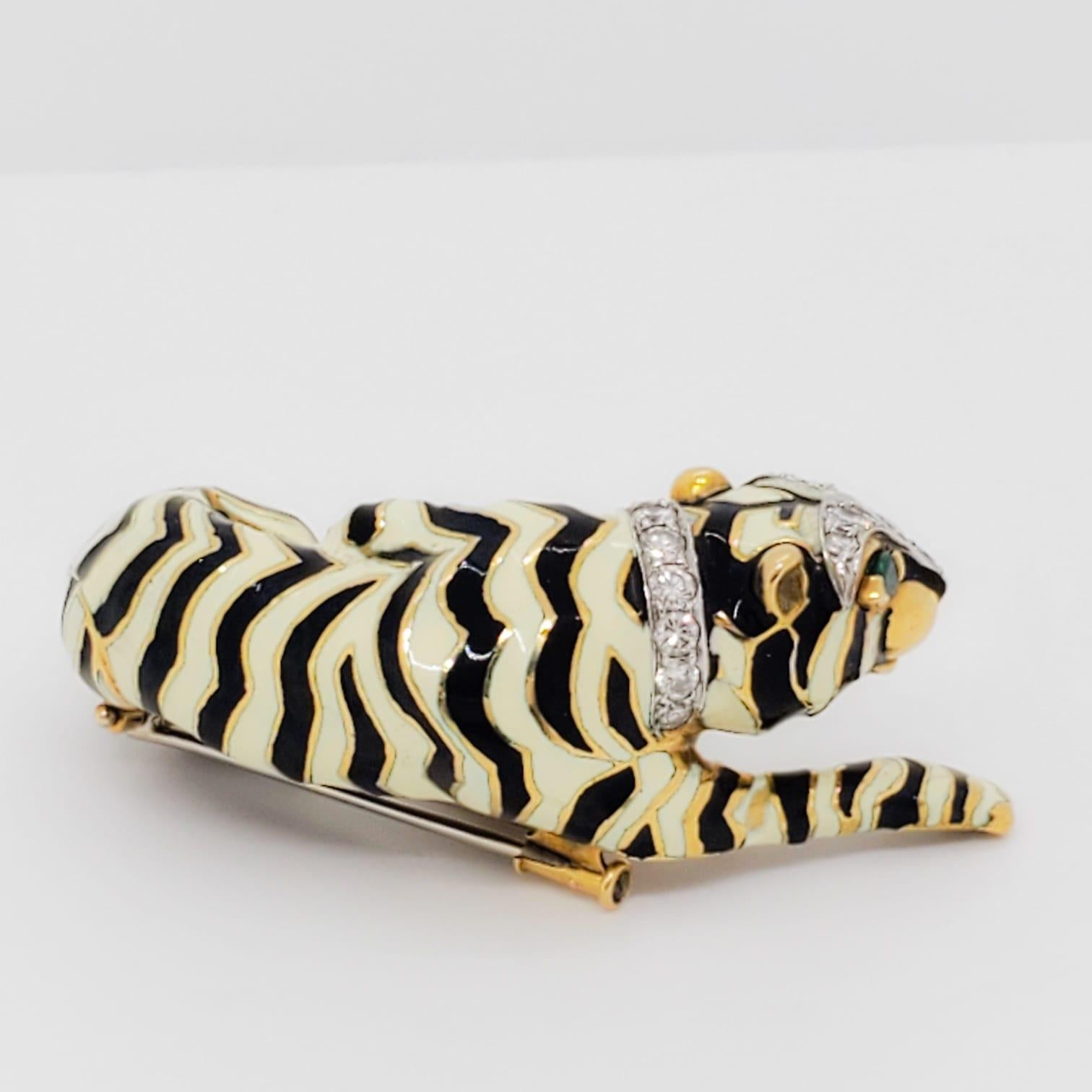 Absolutely stunning and rare collectible David Webb brooch with 1.00 ct good quality white diamond rounds and approximately 0.30-0.40 ct emeralds. This tiger is rare because it is black and white and also has a diamond collar. Extremely sought after