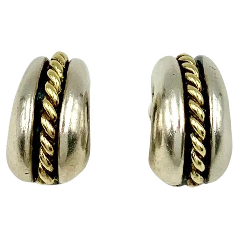 Estate David Wysor 18K Yellow Gold Sterling Silver Huggie Hoop Earrings For Sale