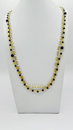 Estate David Yurman Onyx and White Pearl Double Beaded Necklace 18K Yellow Gold