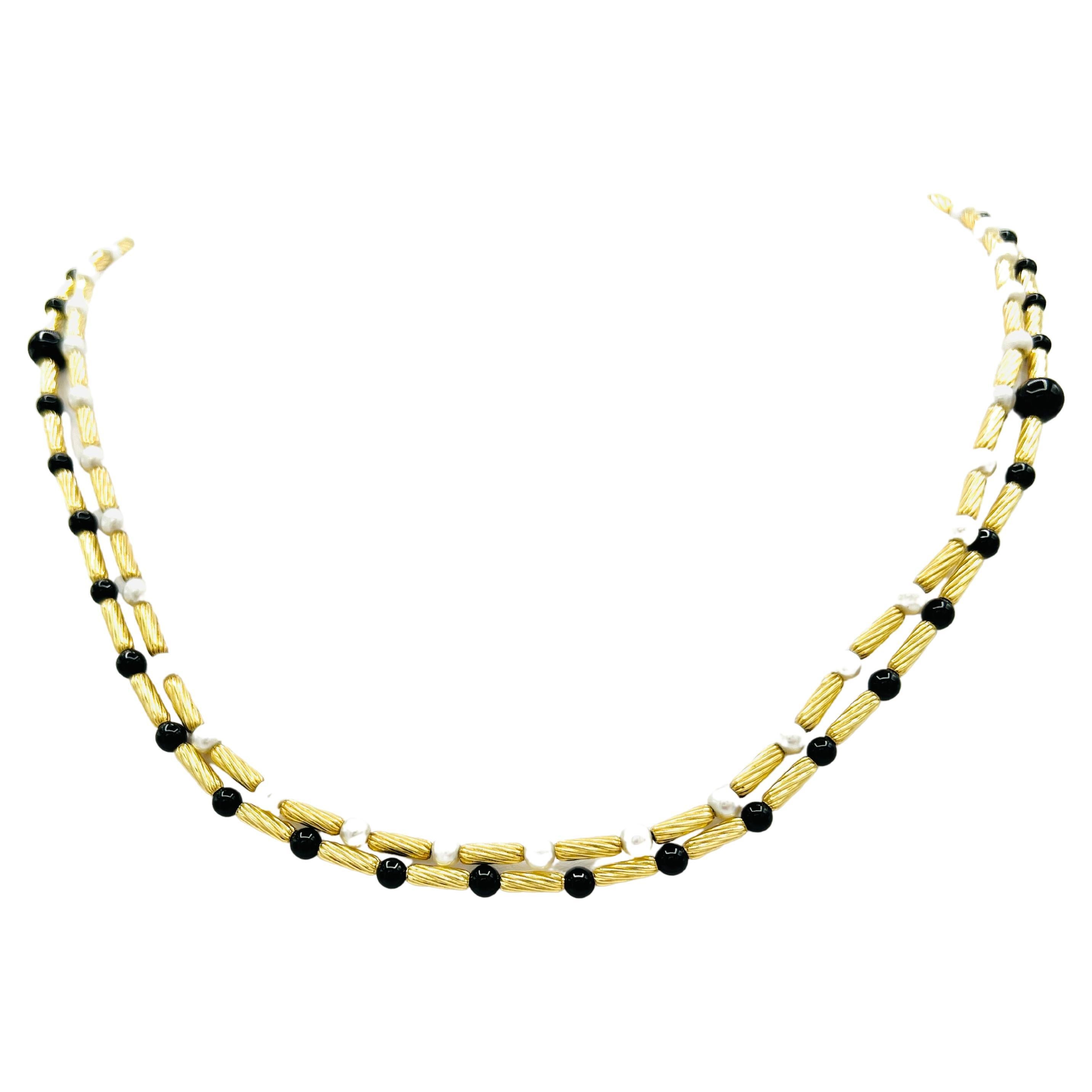 Estate David Yurman Onyx and White Pearl Double Beaded Necklace 18K Yellow Gold For Sale