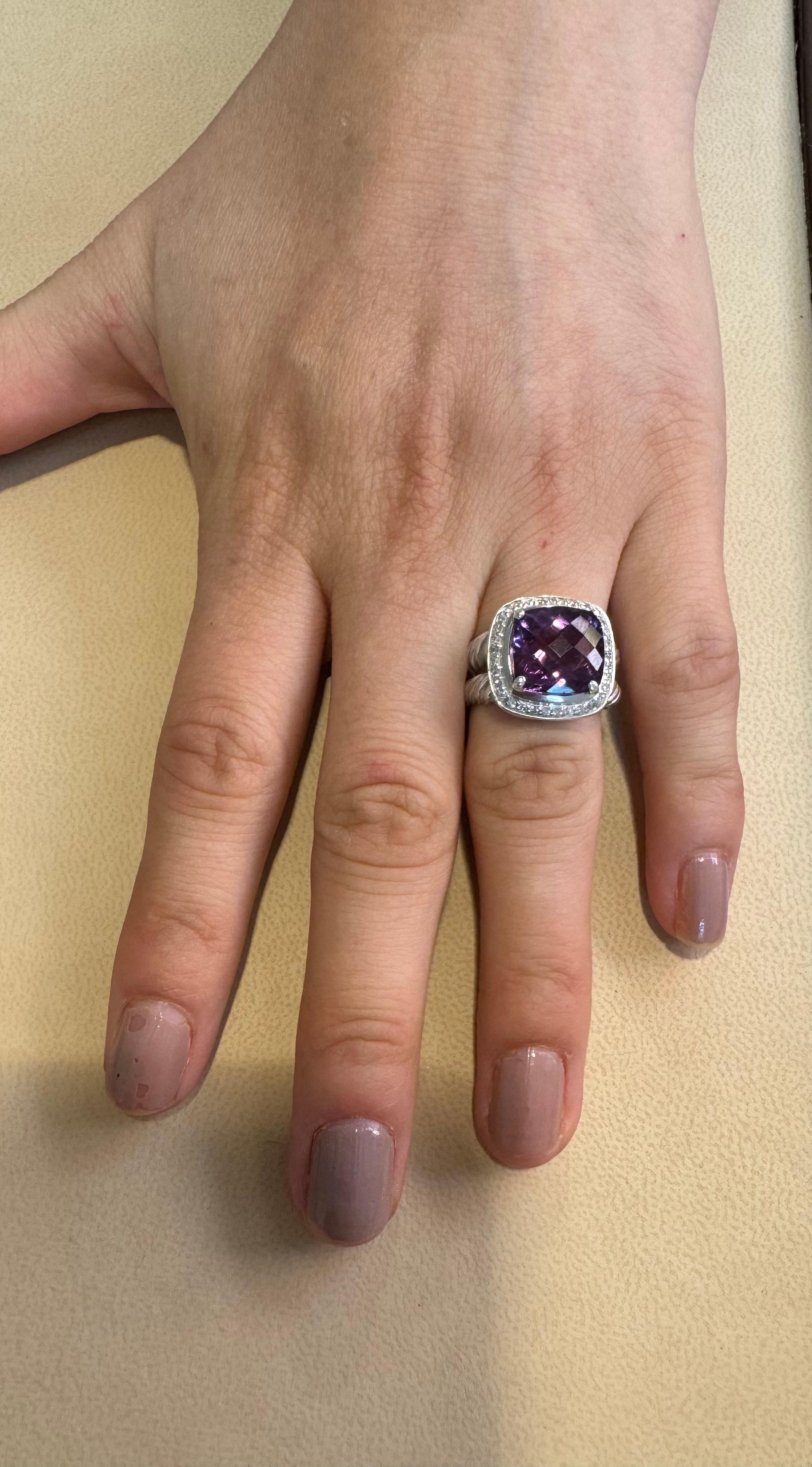 Estate DAVID YURMAN Sterling Silver Amethyst Ring With  Diamonds size 7 In Excellent Condition For Sale In New York, NY