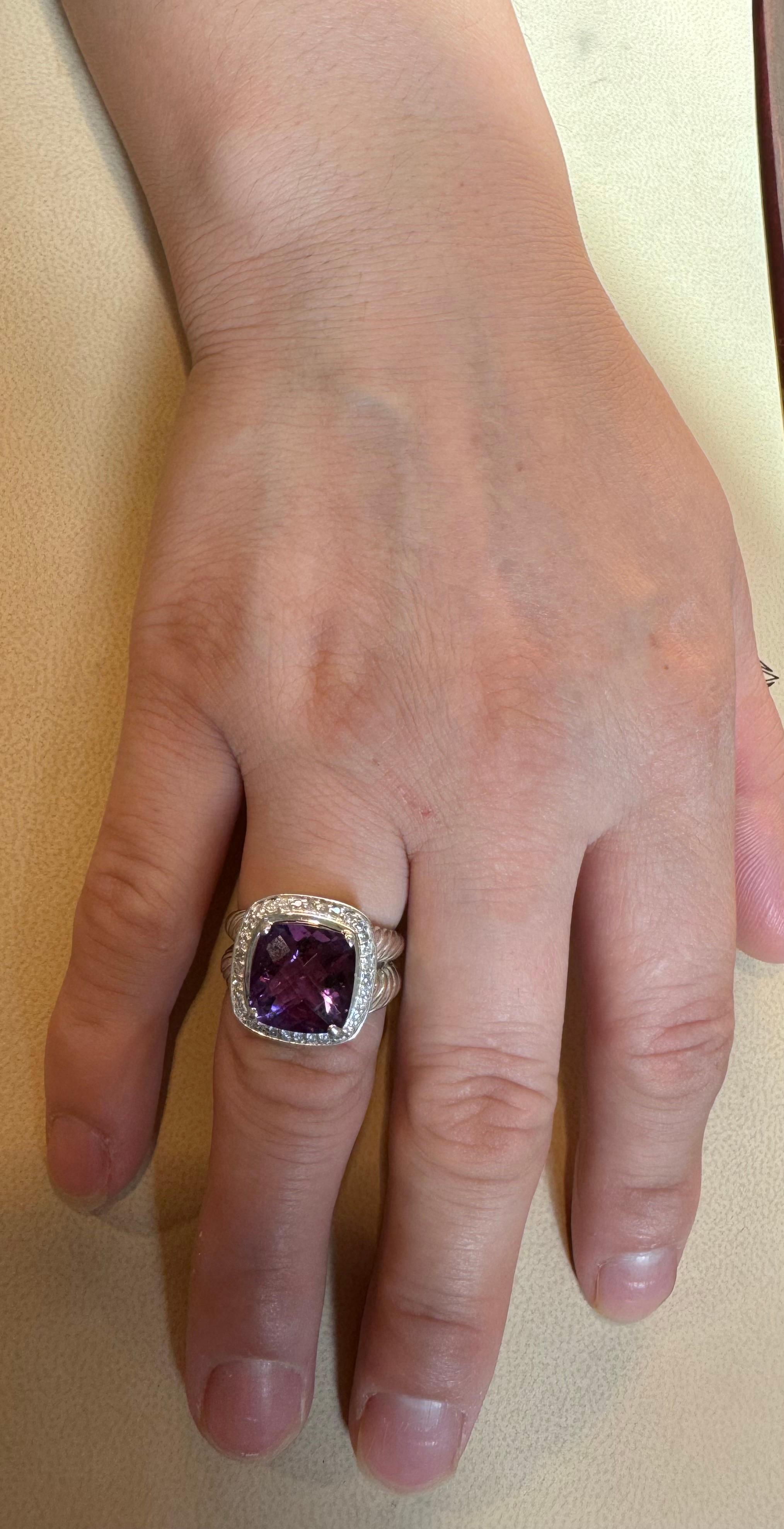 Estate DAVID YURMAN Sterling Silver Amethyst Ring With  Diamonds size 7 For Sale 2