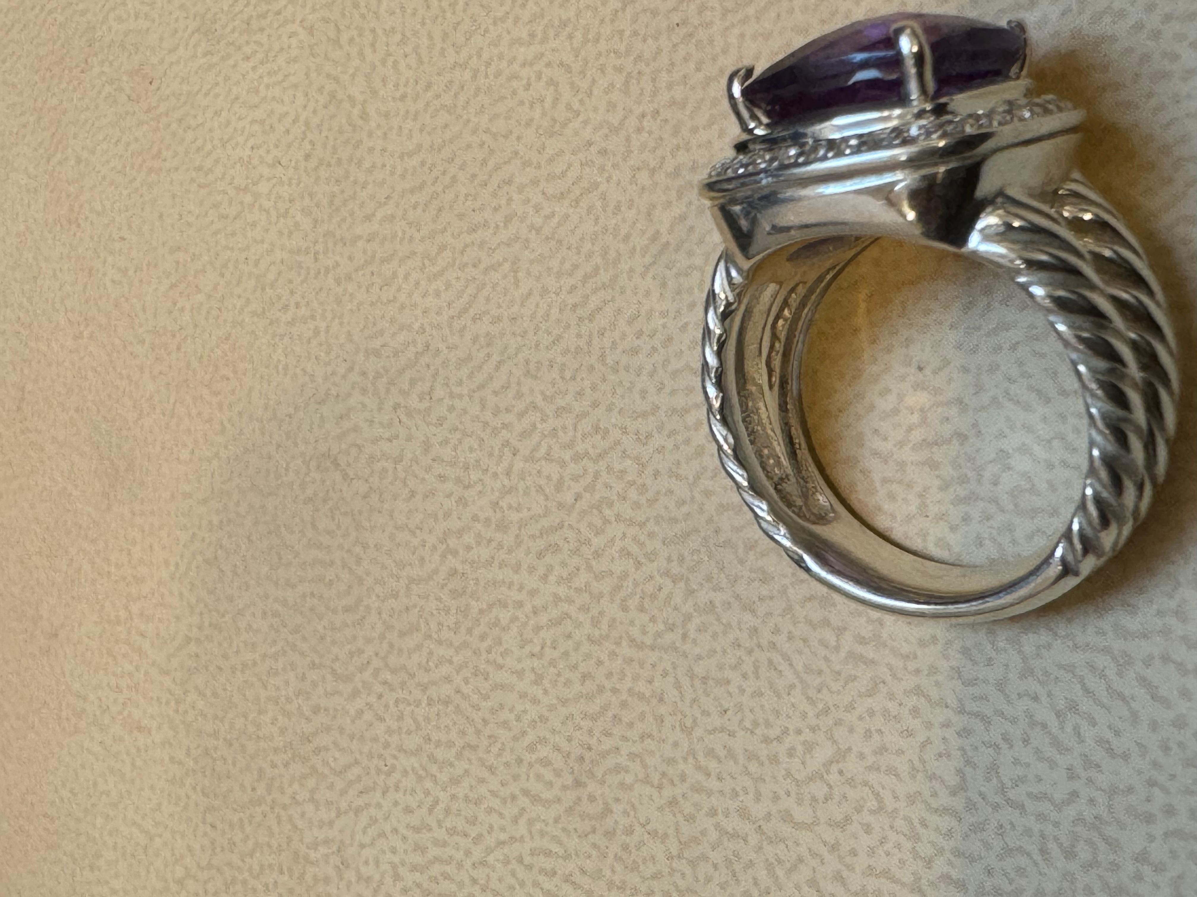 Estate DAVID YURMAN Sterling Silver Amethyst Ring With  Diamonds size 7 For Sale 2
