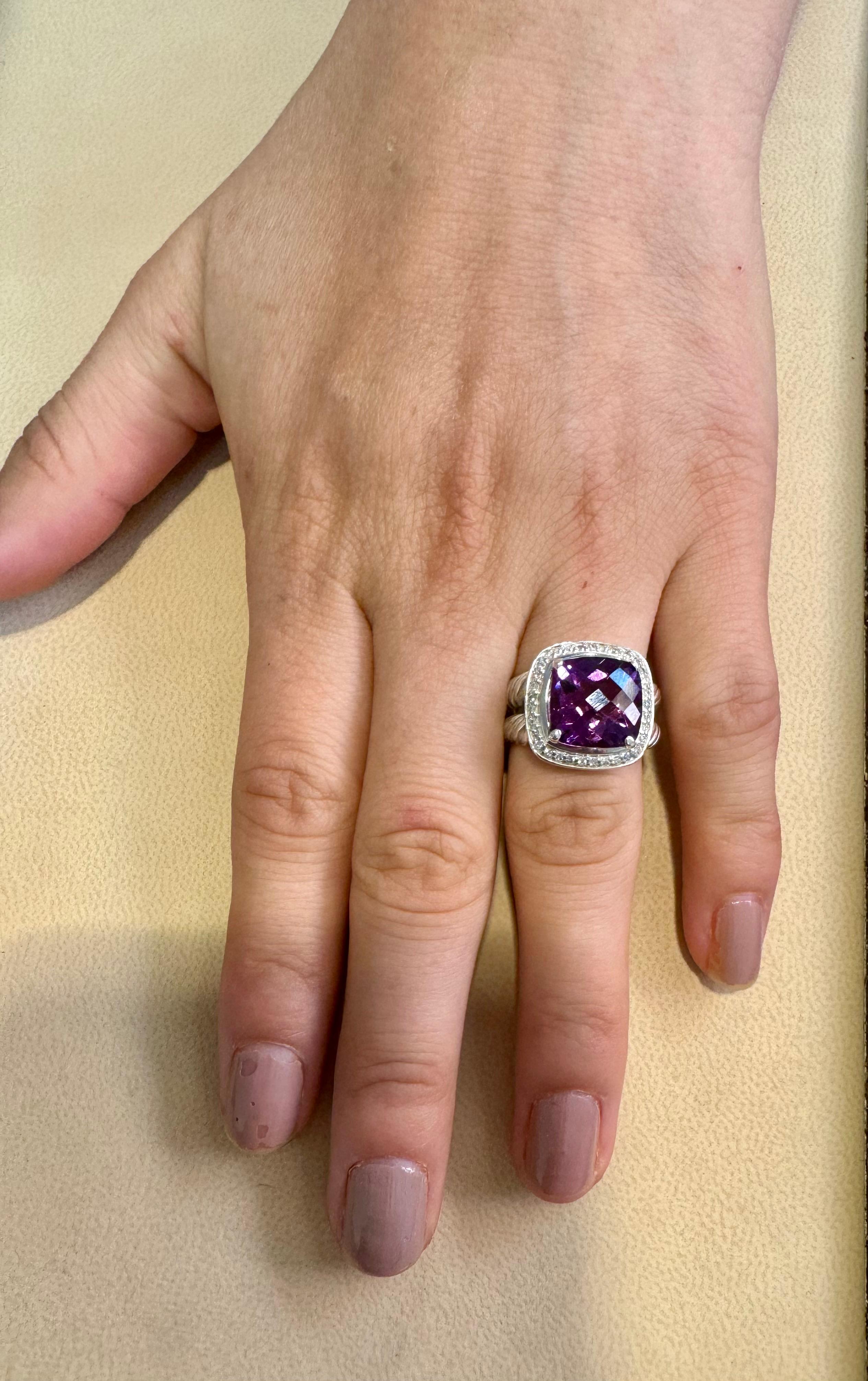 Estate DAVID YURMAN Sterling Silver Amethyst Ring With  Diamonds size 7 For Sale 4