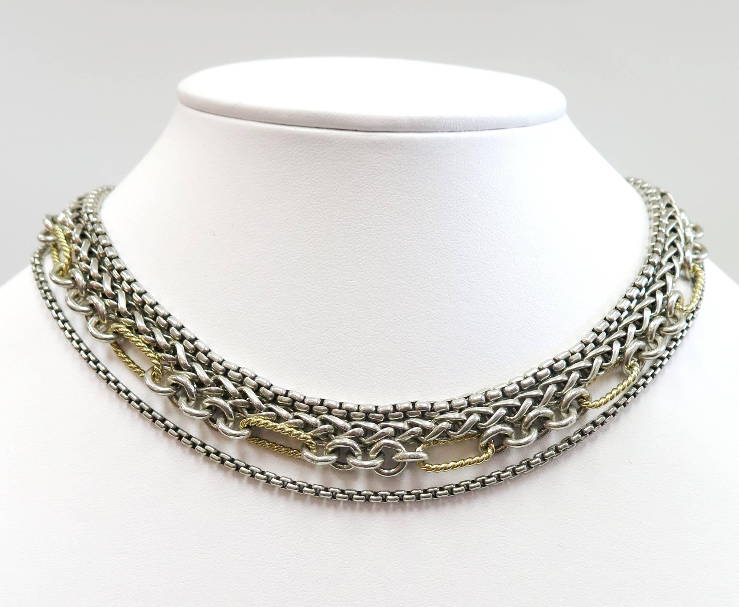 Contemporary Estate David Yurman Sterling Silver and 18 Karat Layered Chain Necklace